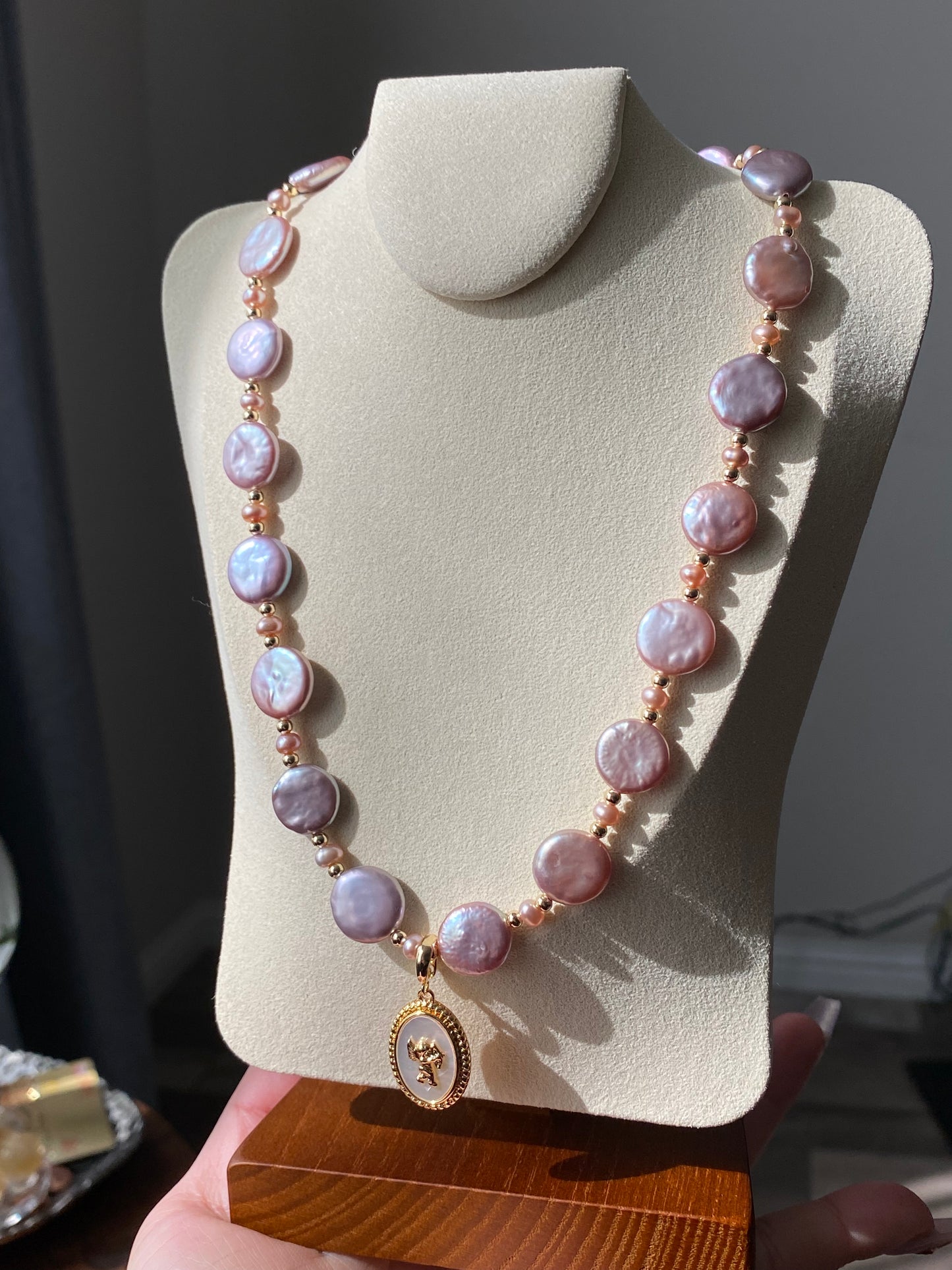 Natural freshwater pearls,baroque metal purple pink cookie shape round button multiple use Necklace,handmade necklace