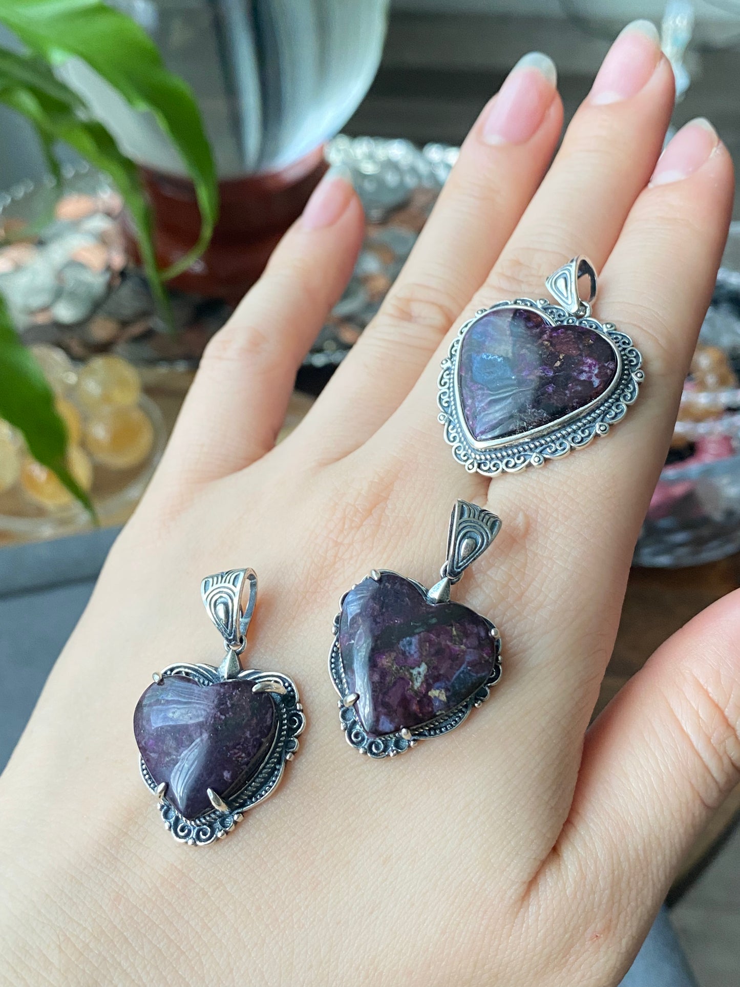 Natural High Rare Grade Purple Pink Sugilite Heart Shape Mid-century Sterling Silver Pendant
