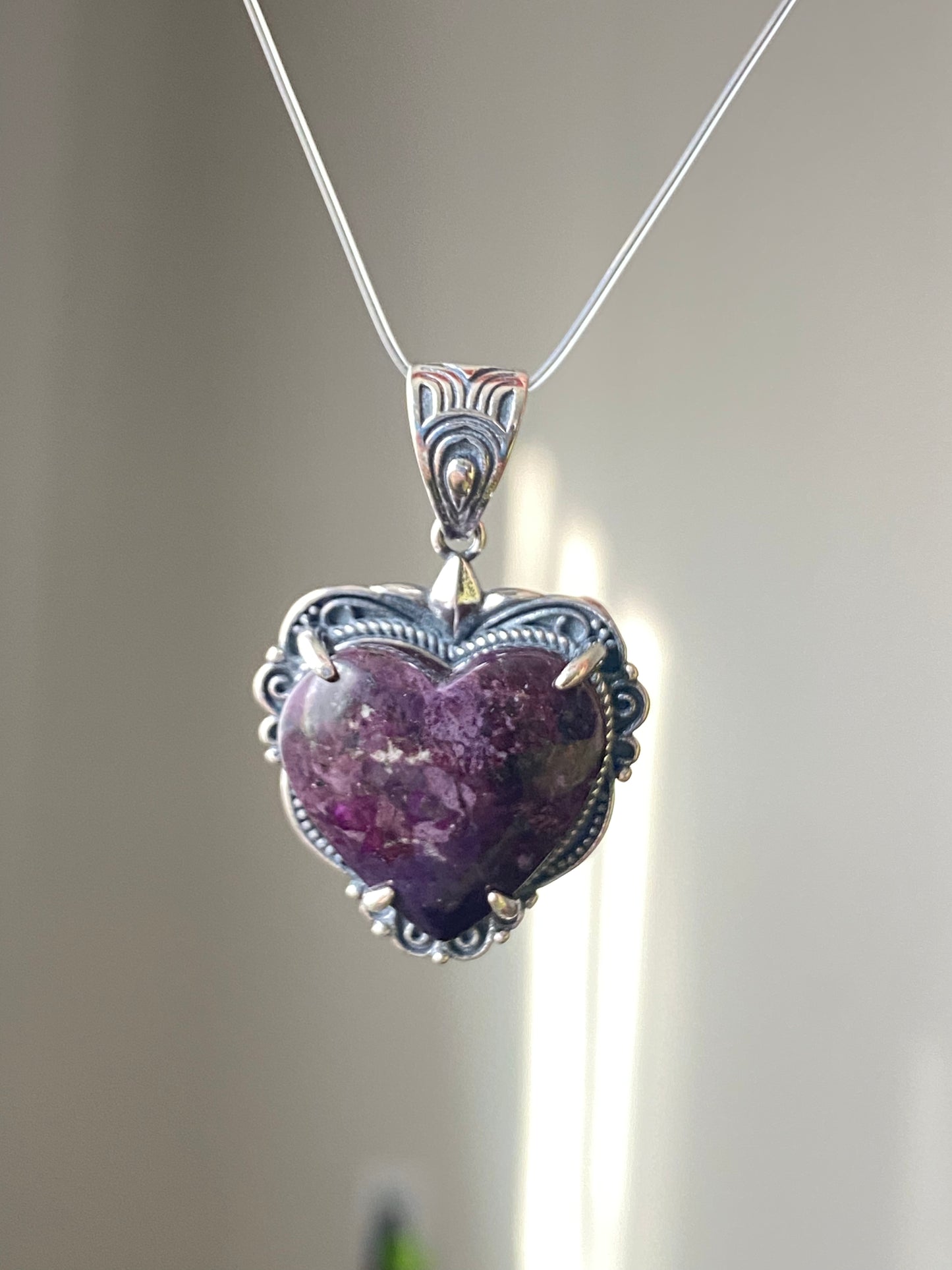 Natural High Rare Grade Purple Pink Sugilite Heart Shape Mid-century Sterling Silver Pendant