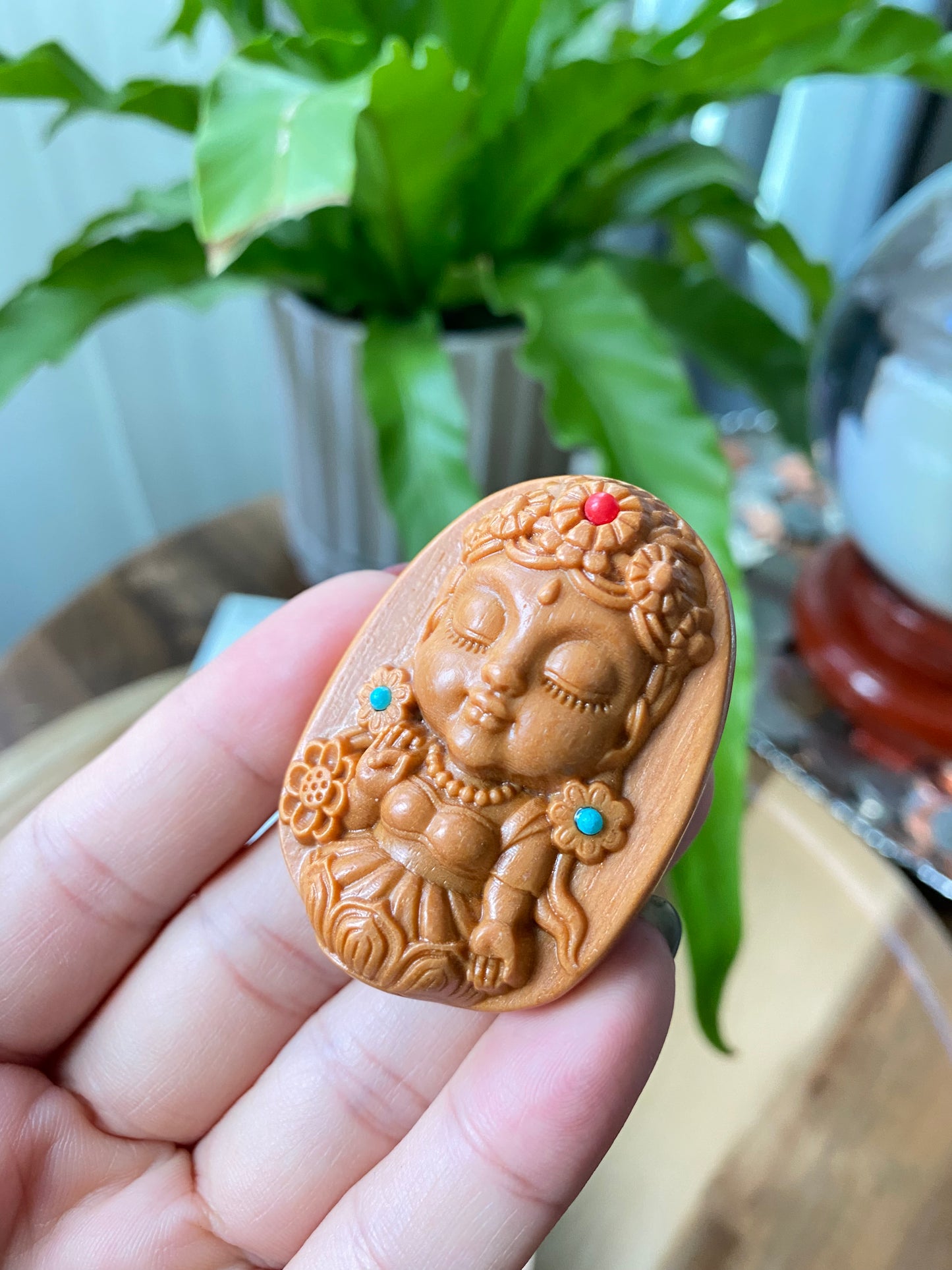 Green Verawood hand Sculpture Carving Dumu Tara car hanger Necklace pendant with turquoise rotate Sanskrit