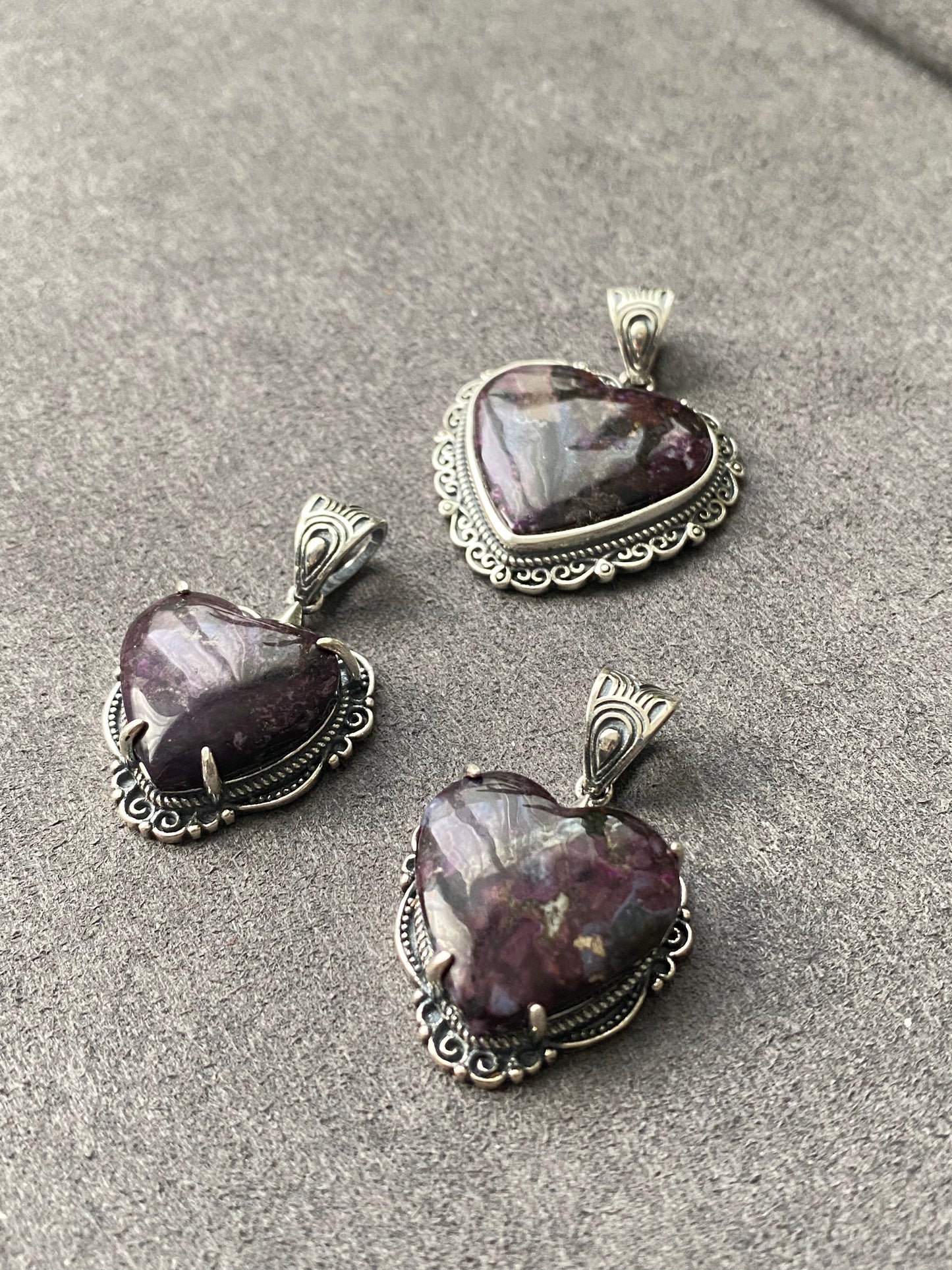 Natural High Rare Grade Purple Pink Sugilite Heart Shape Mid-century Sterling Silver Pendant