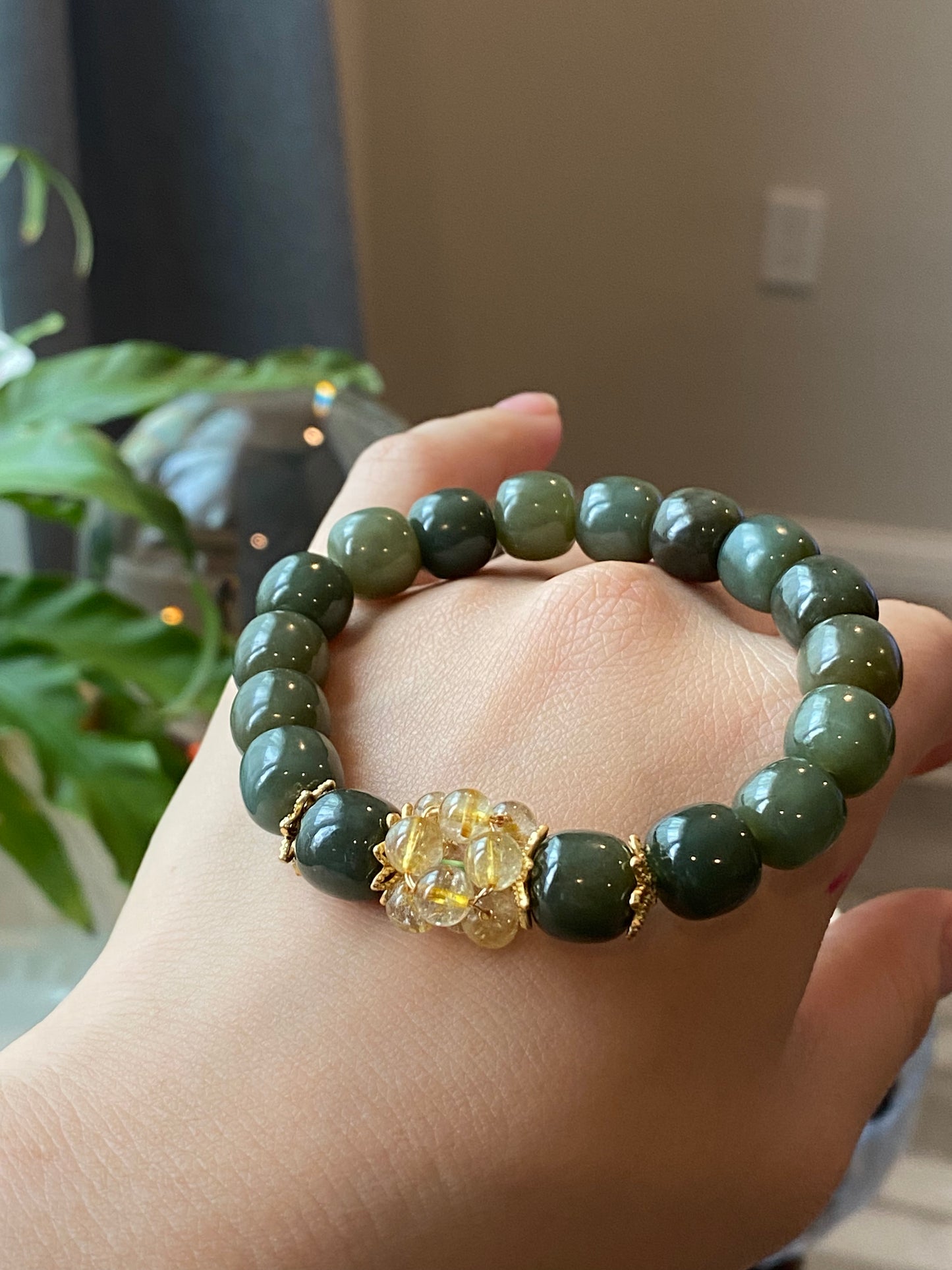 Green Jade and Titanium Rutilated Quartz Healing Bracelet – Balancing Energy Jewelry for Clarity and Wellness