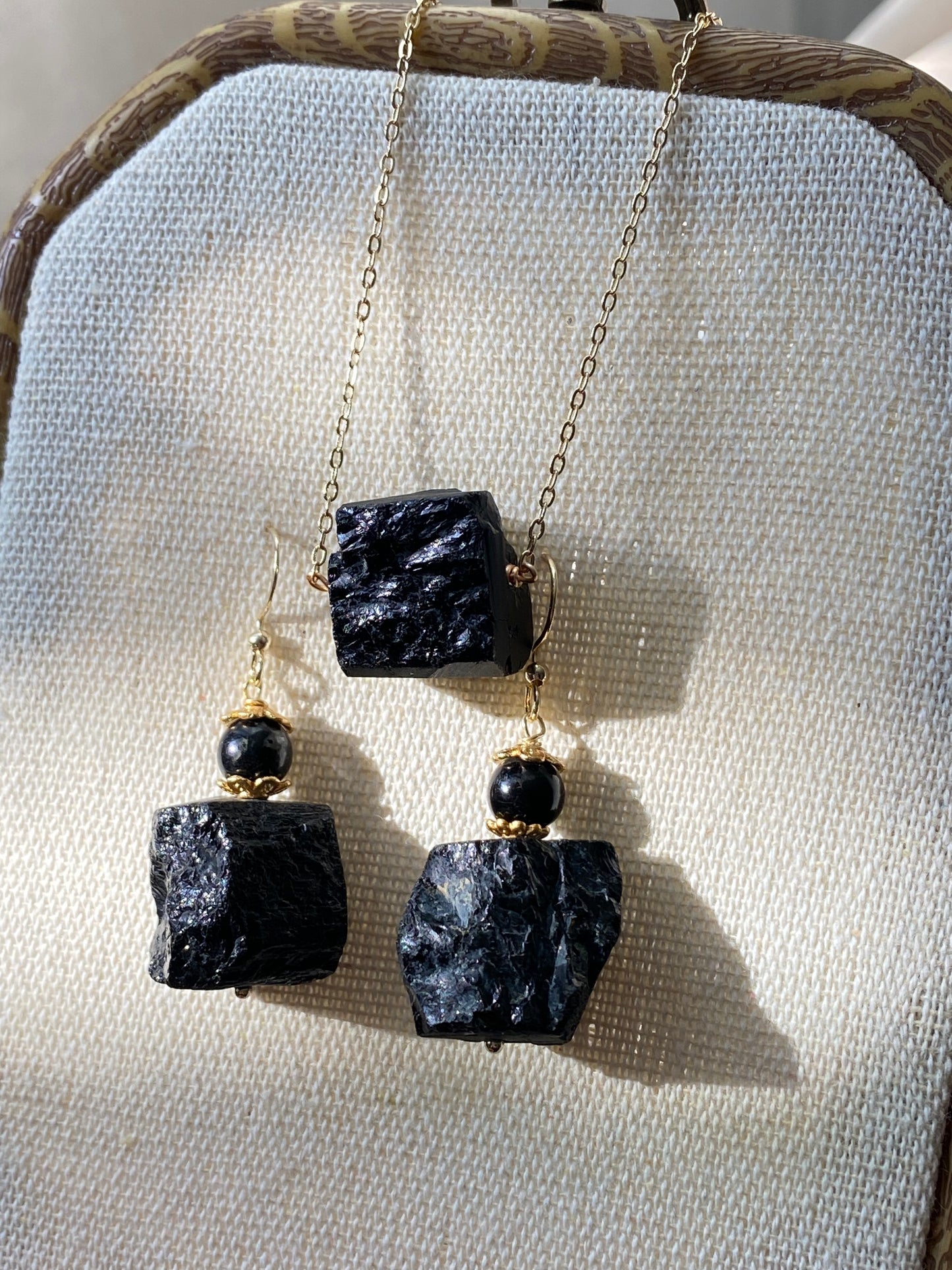 Raw Black Tourmaline Necklace and Earring Set - Protective Energy Healing Crystal Jewelry