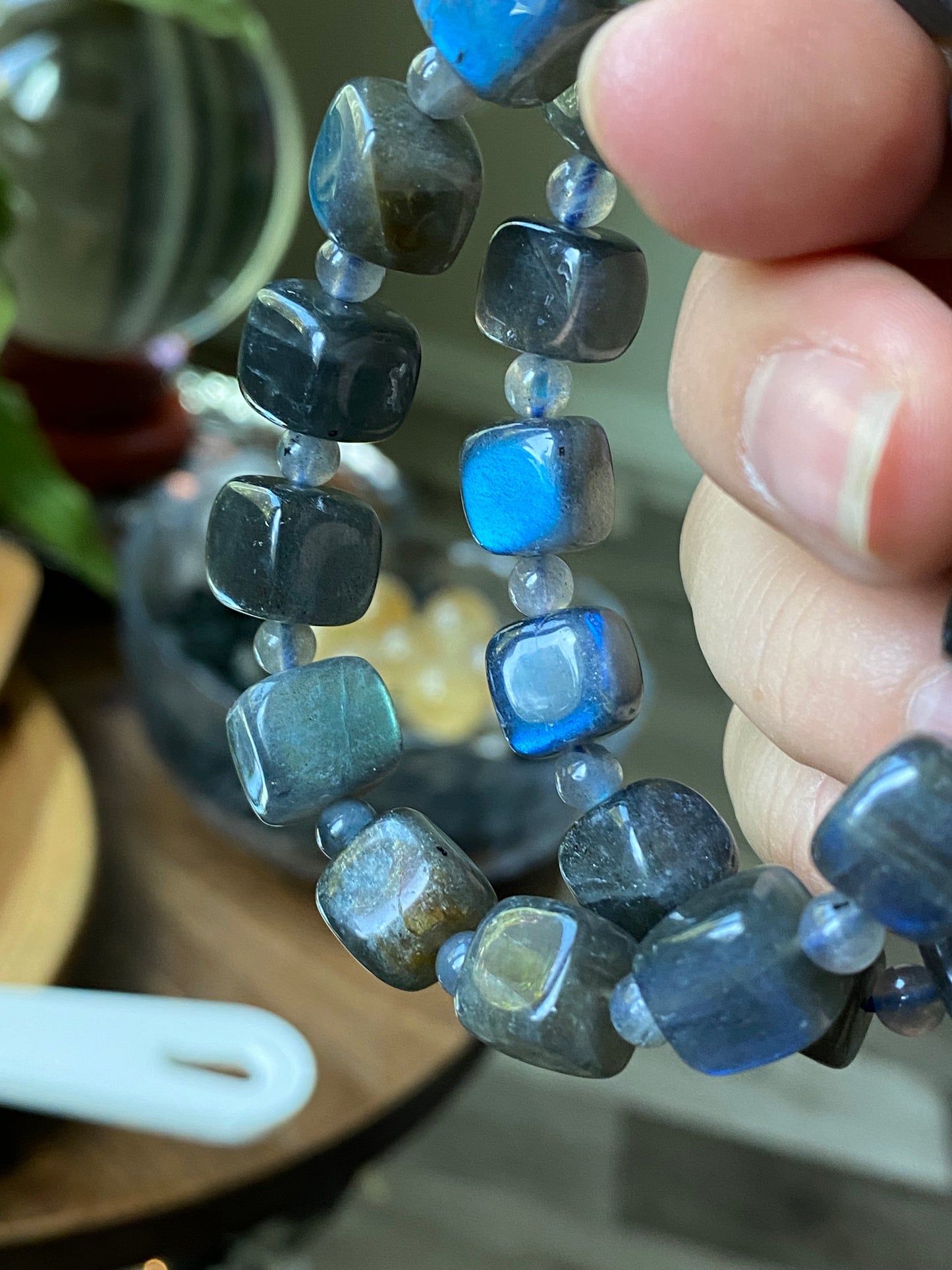 Natural High Grade Blue Fire Rainbow Fire Labradorite square Beaded Bracelet,Groomsman gifts,Bridesmaid Gifts