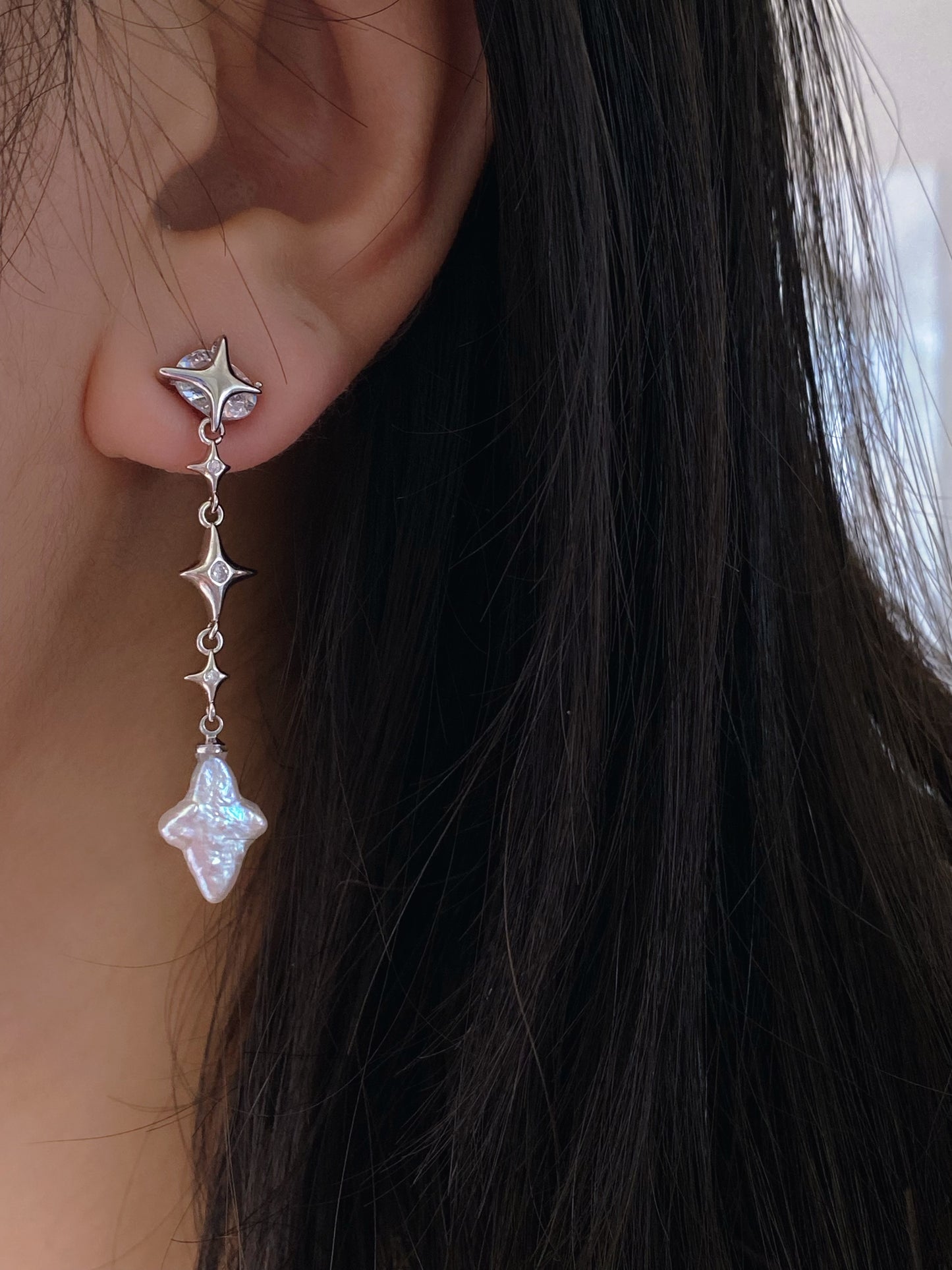 Dainty elegant Dreamworld Baroque cross star Pearl Drop Earring