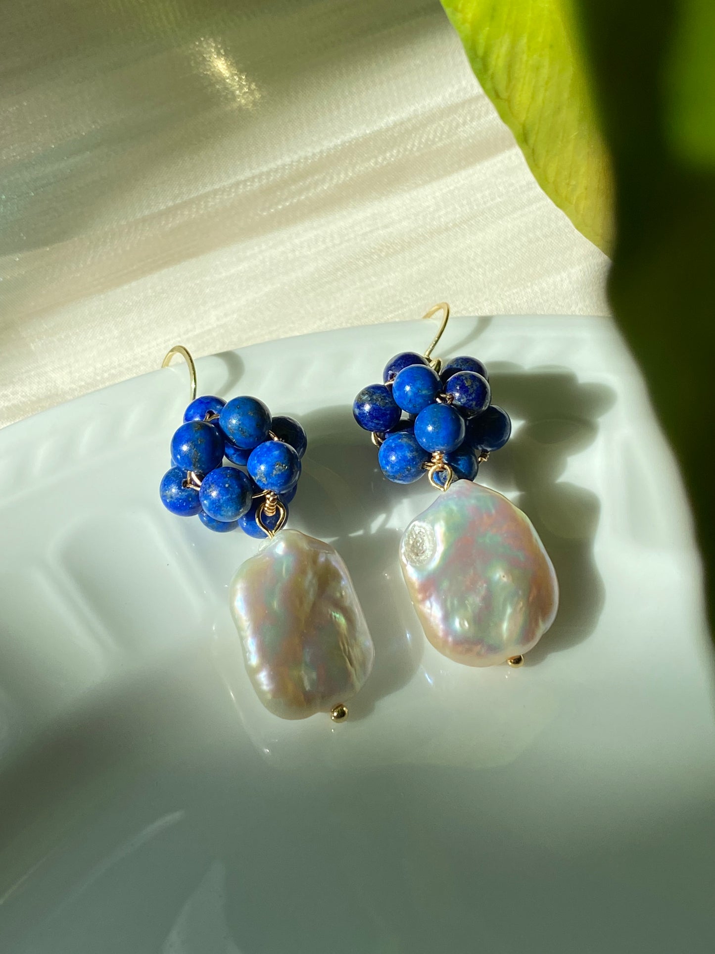 Blooming Lapis Lazuli Sphere & Pearl Earrings - Unique Design for Love Expression