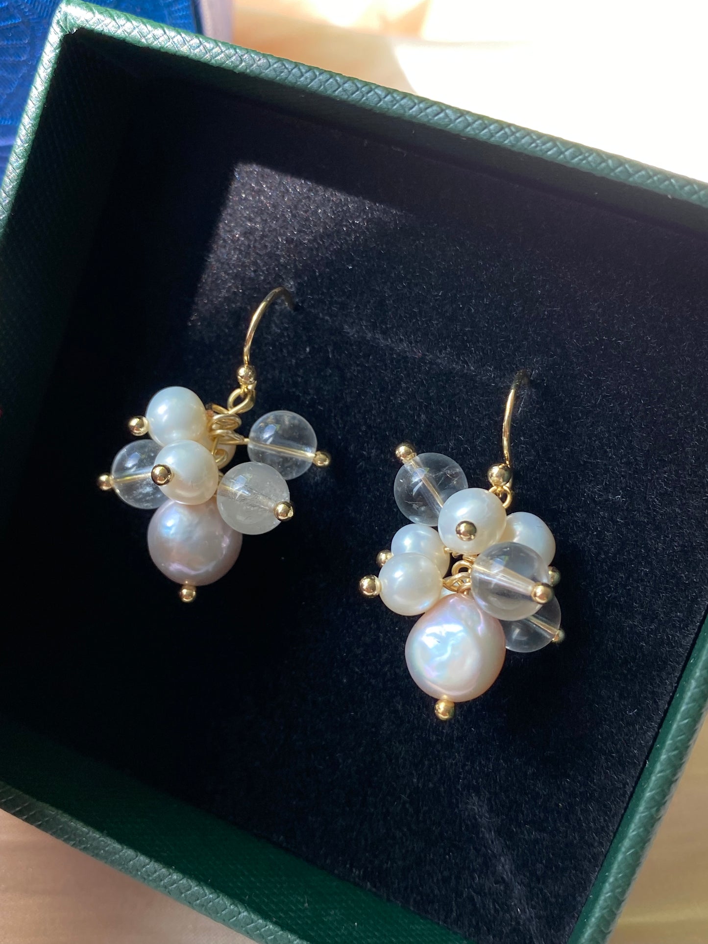 Freshwater pearls with white crystal fire work dangle earrling,holiday gift,christmas gift