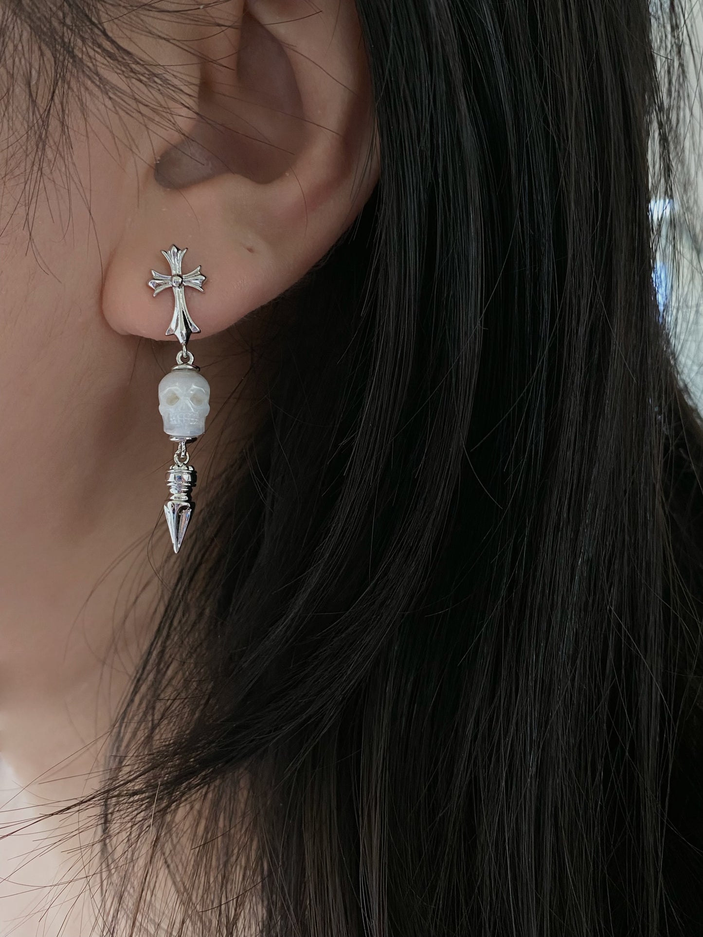 Hand-Carved Skull Pearl Cross Drop Earrings Gothic Pearl Spike Earrings  Everyday Edge Halloween Bold Dard Limited edition gift for him