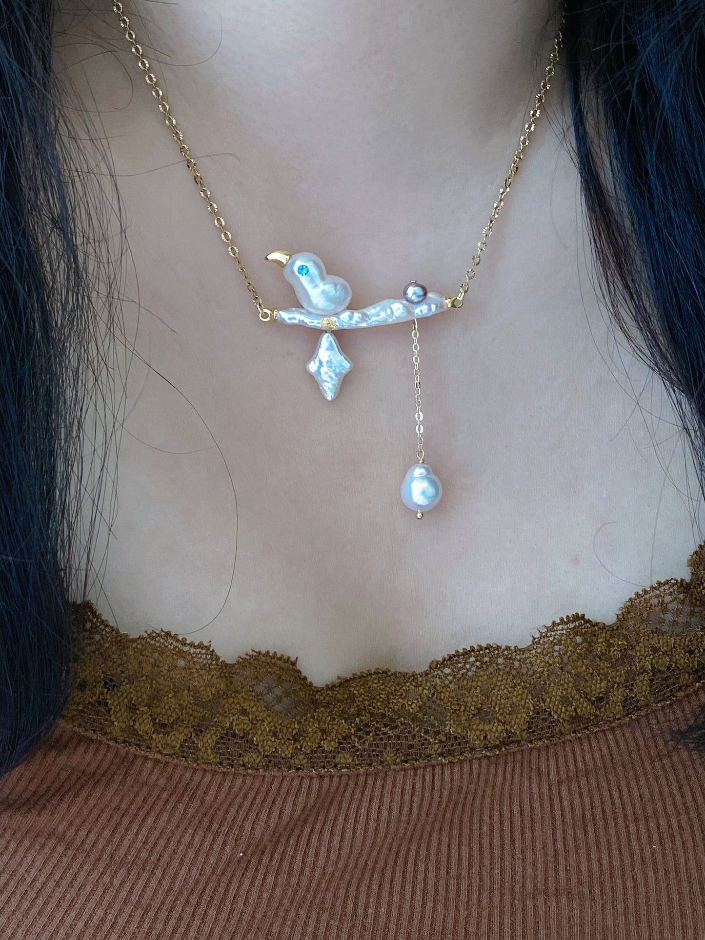 Handmade Nature-Inspired Baroque Pearl Bird Pendant Necklace Unique Gift for Bird Lovers  Whimsical Forest Fairy Pearl Jewelry gift for her