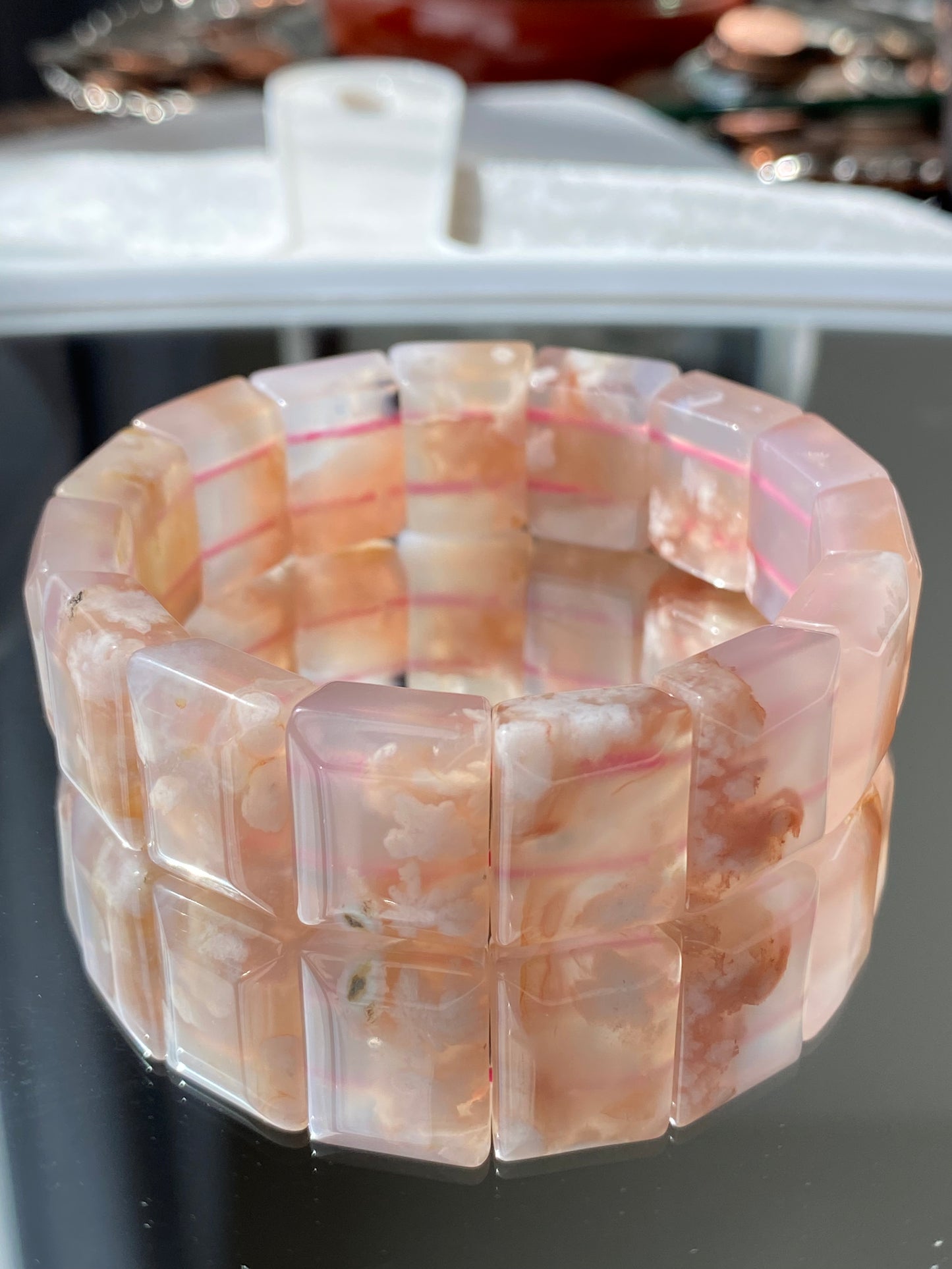 AAAA Clear colorful  Grade Nature Sakura Agate cherry blossom flower agate Rectangle bangle bracelet,gift for her