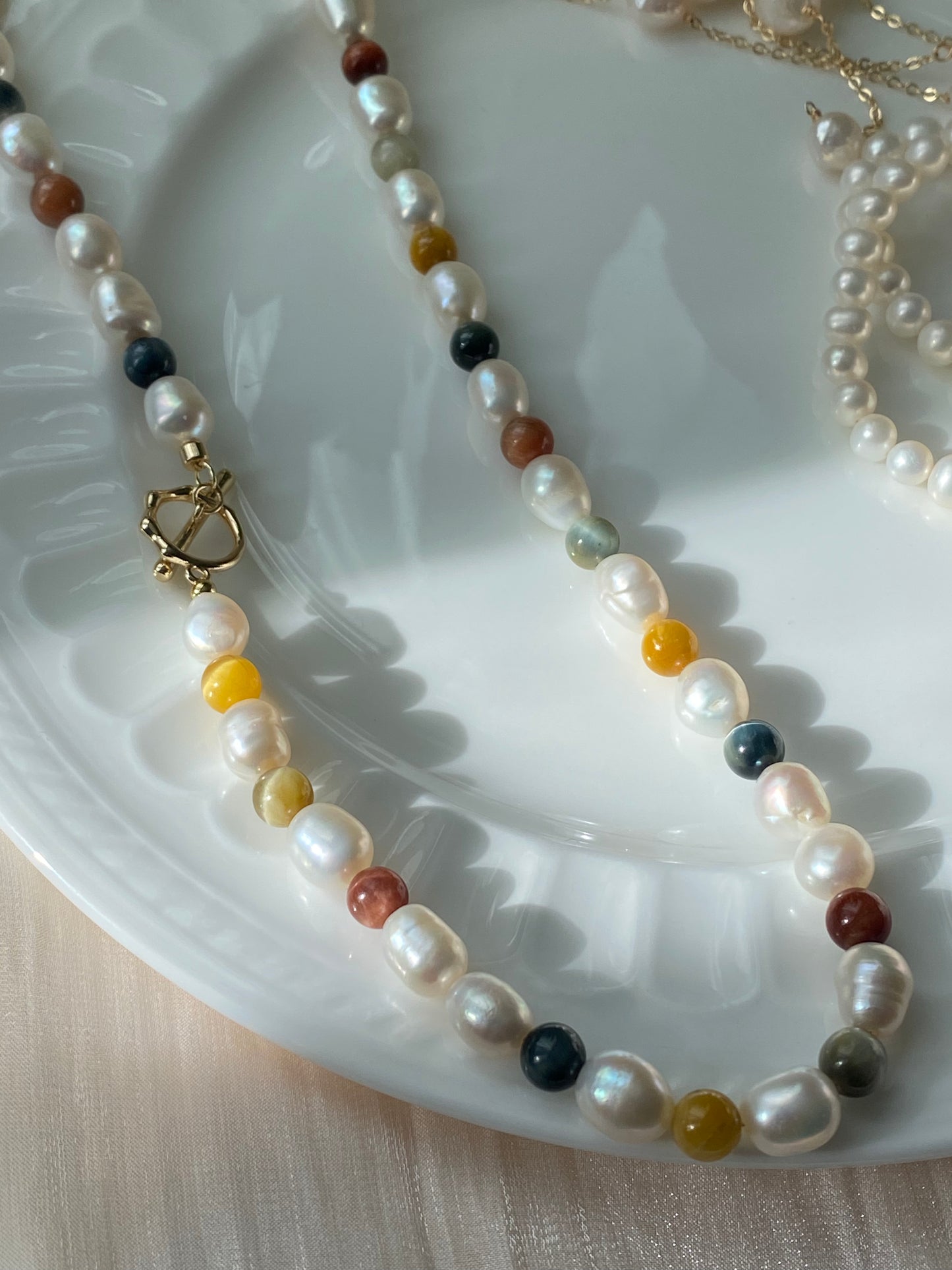 Natural freshwater pearl with rainbow tiger eyes chocker necklace,gift for her,gift for him