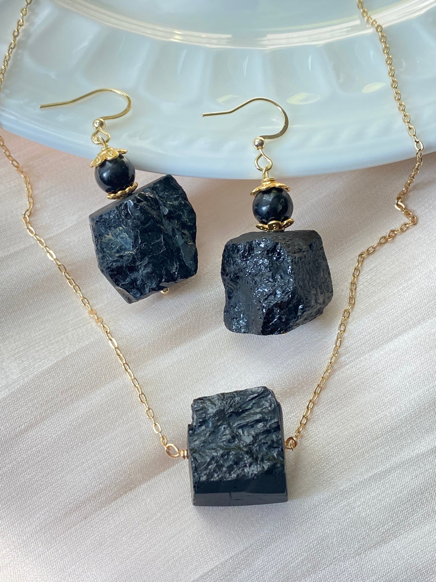 Raw Black Tourmaline Necklace and Earring Set - Protective Energy Healing Crystal Jewelry