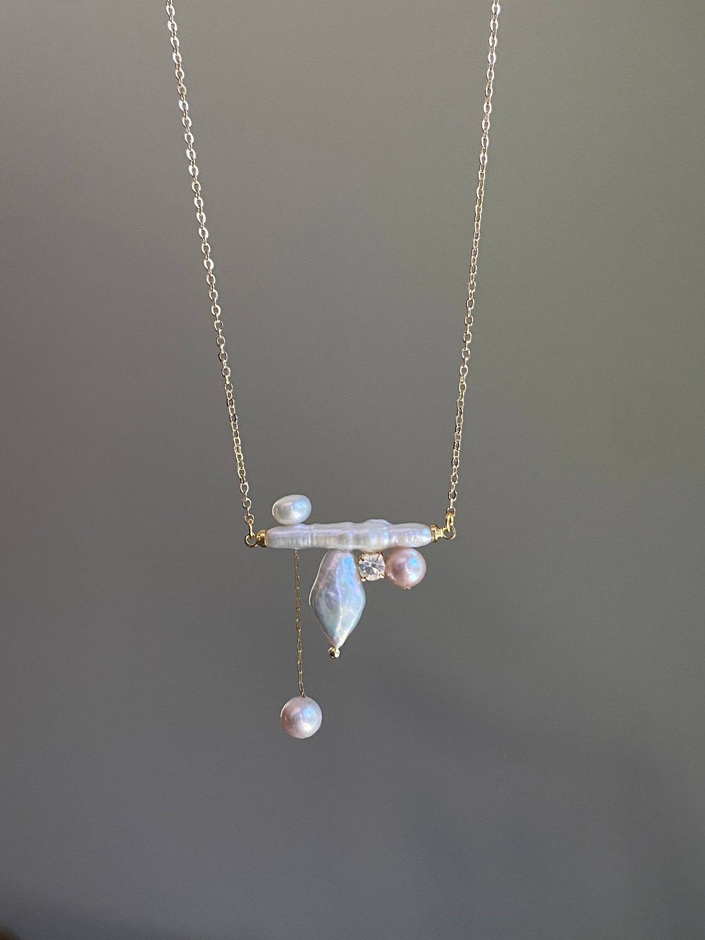 Baroque Long Stick Pearl Balance Beam Necklace Unique Geometric Design  Asymmetrical Necklace for Women Birthday  Luxe Gift for Her