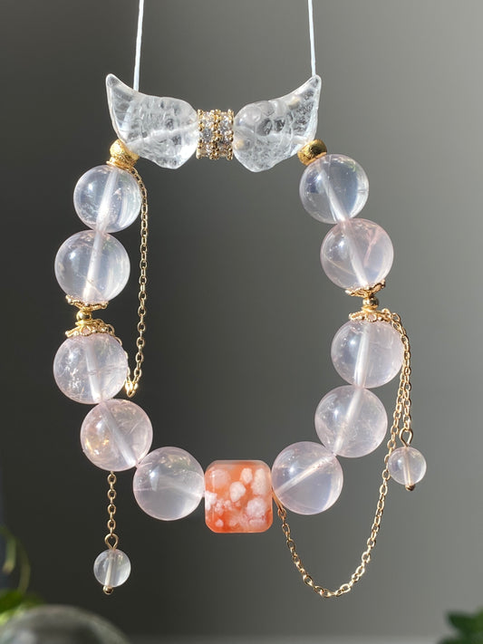 Natural star rose quartz with cube flower agate handcraft white crystal wing design dangle bracelet,gift for her