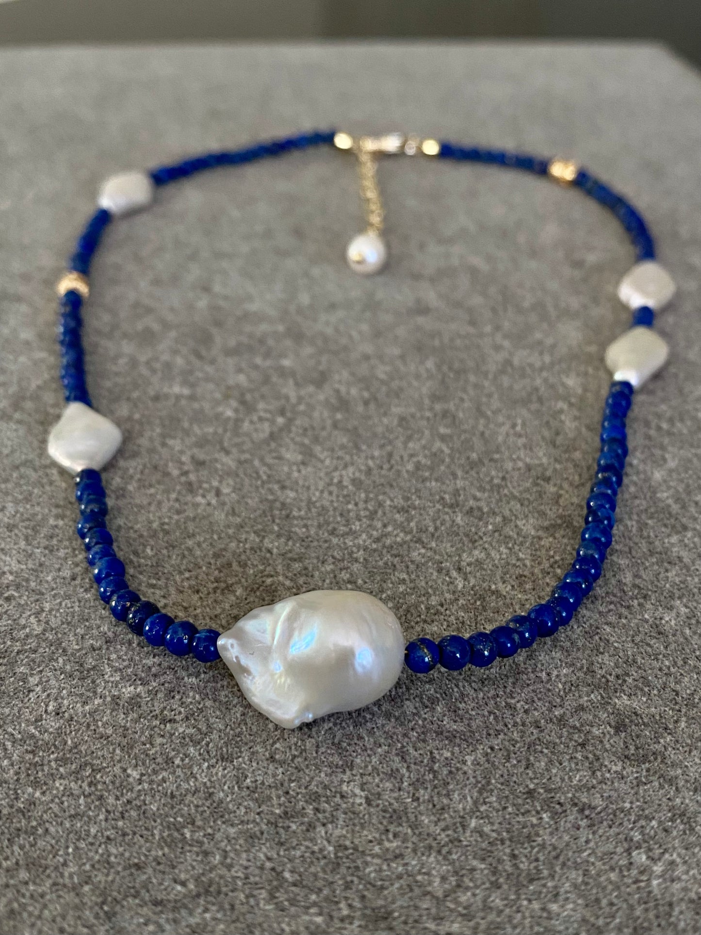 Lapis Lazuli and Diamond-Shaped Baroque Pearl Necklace  | Fireball Baroque Pearl | Handmade Gift | Gift for Mom | Chocker Necklace