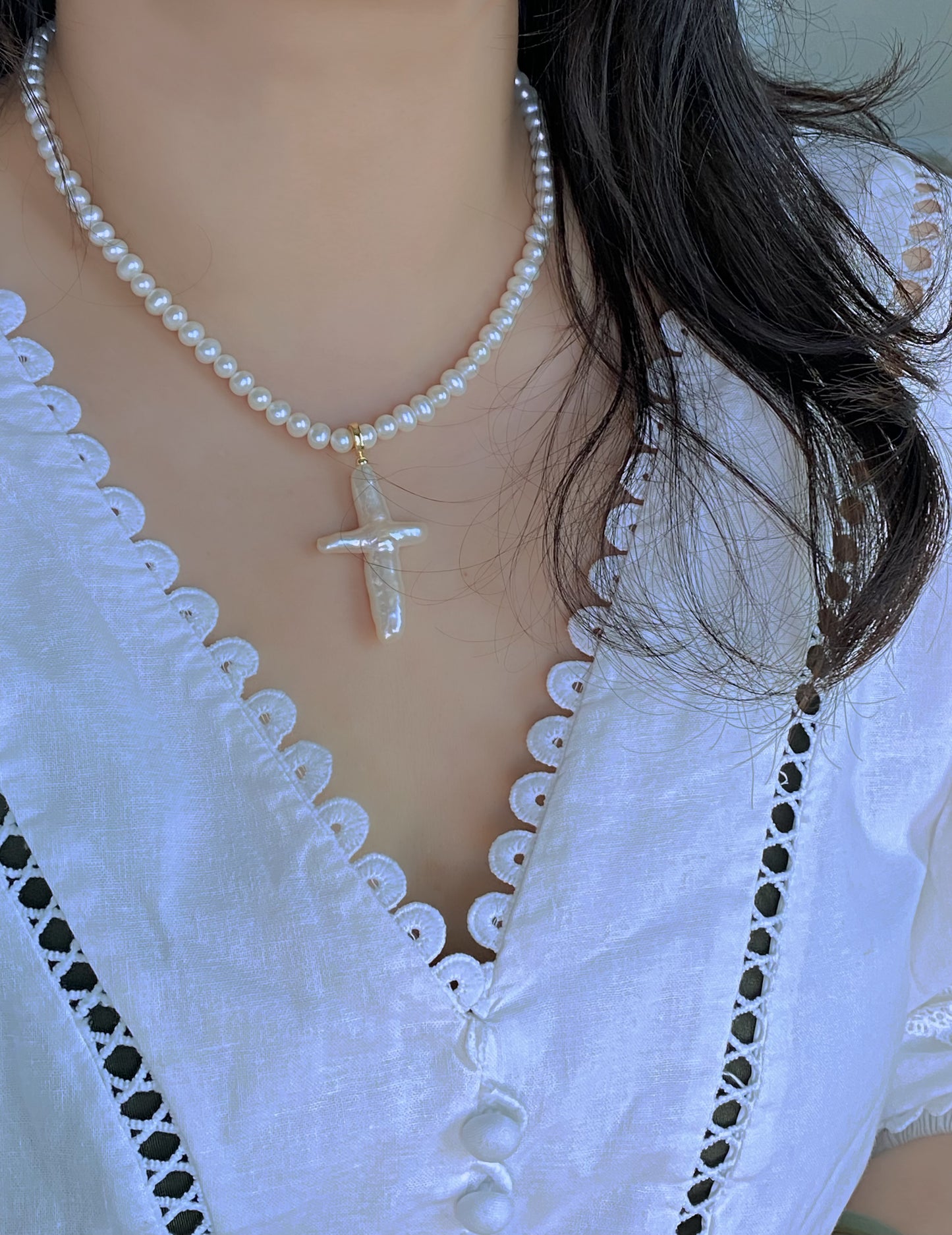 Natural Fresh Water Pearl  Baroque Cross Multiple Use Neckalcel Cross Necklace l Religious Pendantl Customizable Elegant Necklacel best gift