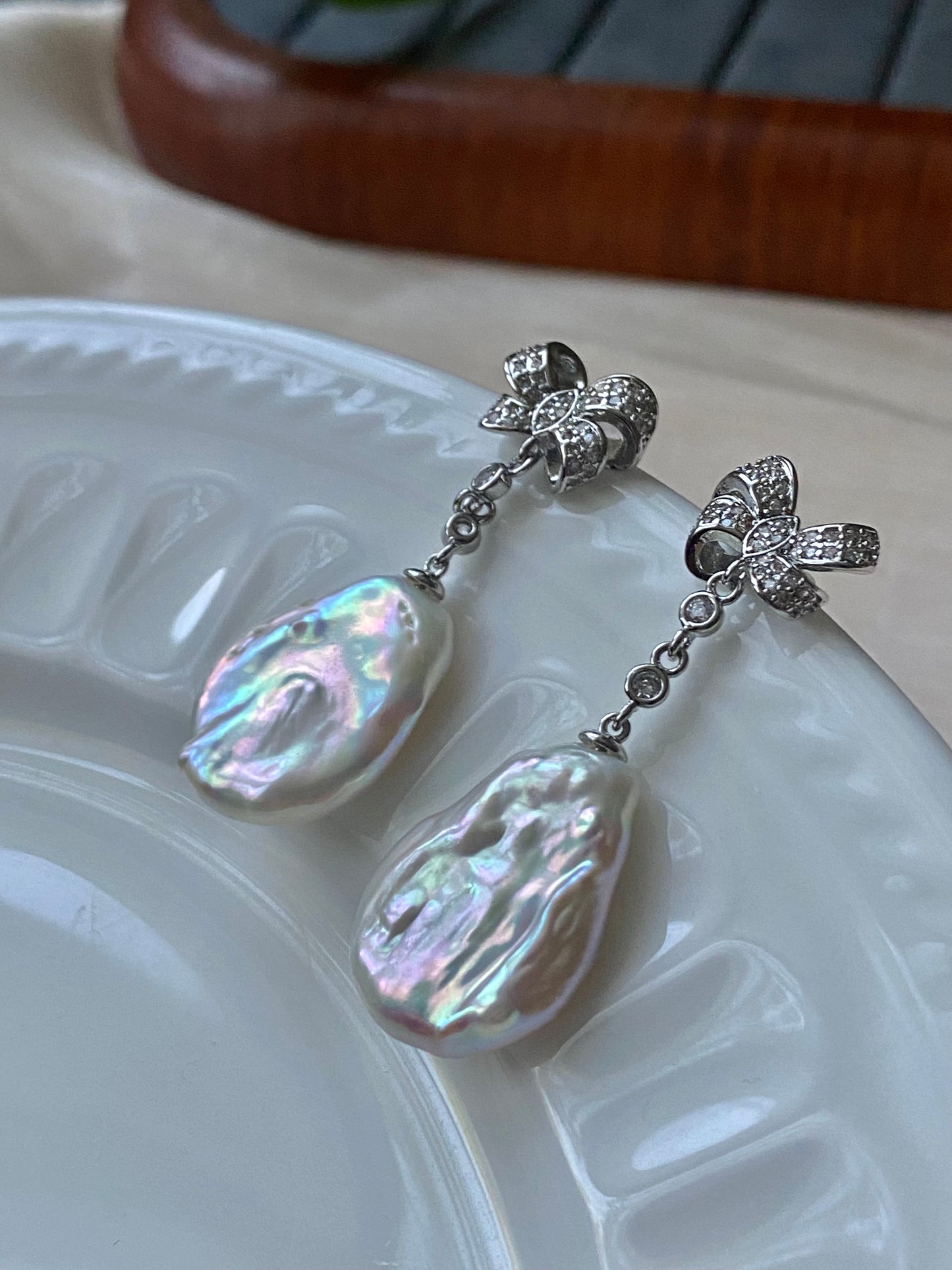 Rare found petal flower freshwater baroque pearl rainbow luster bow stud earring-gift for her,holiday gift