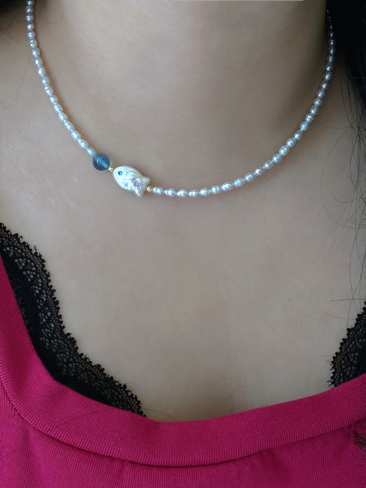 Handmade Baroque Fish Pearl Bead Chocker Necklace  Freshwater Pearl and Aquamarine Ocean Blue Necklace Bridesmaid Gift for Her birthday gift
