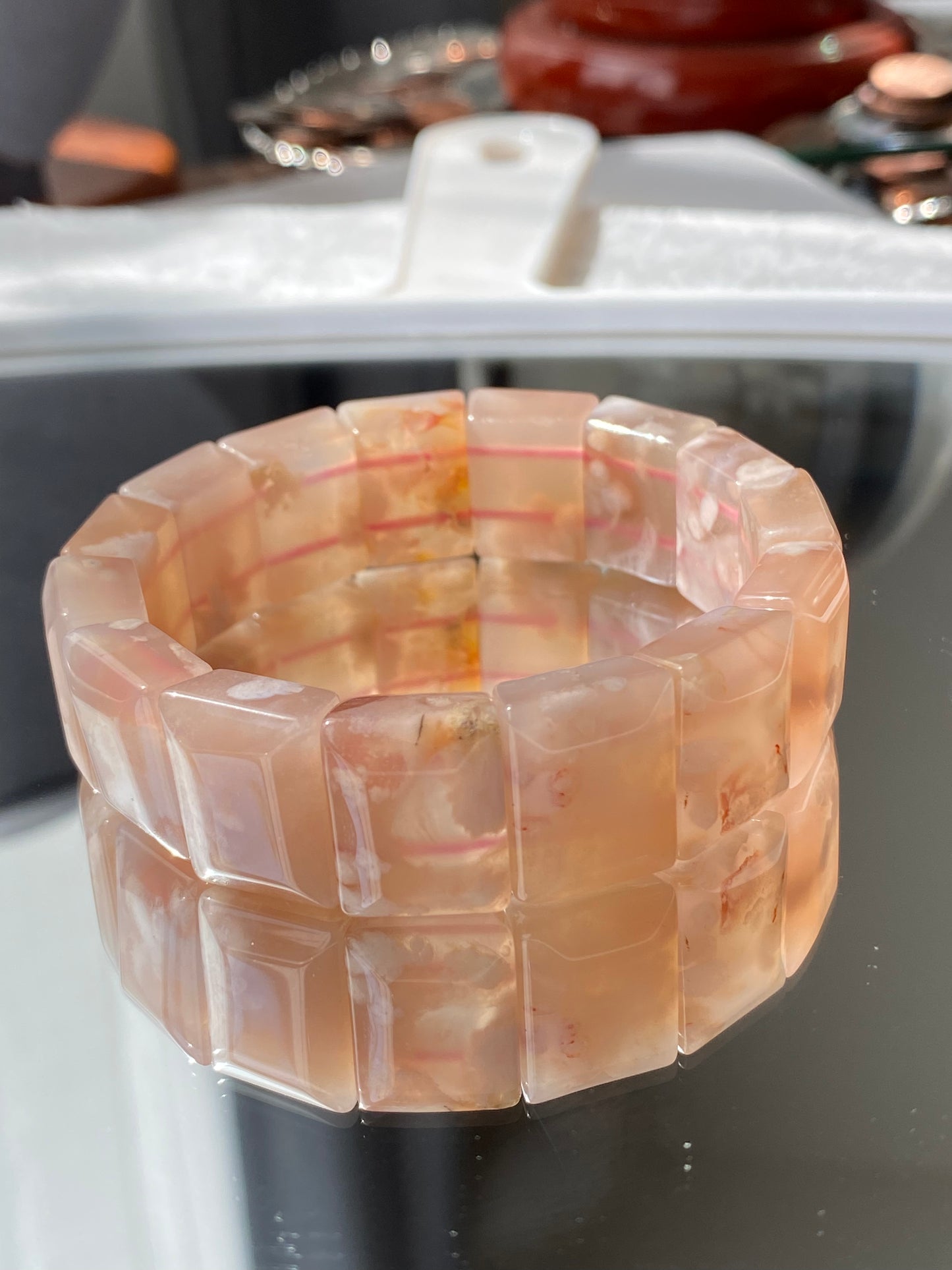 AAAA Clear colorful  Grade Nature Sakura Agate cherry blossom flower agate Rectangle bangle bracelet,gift for her