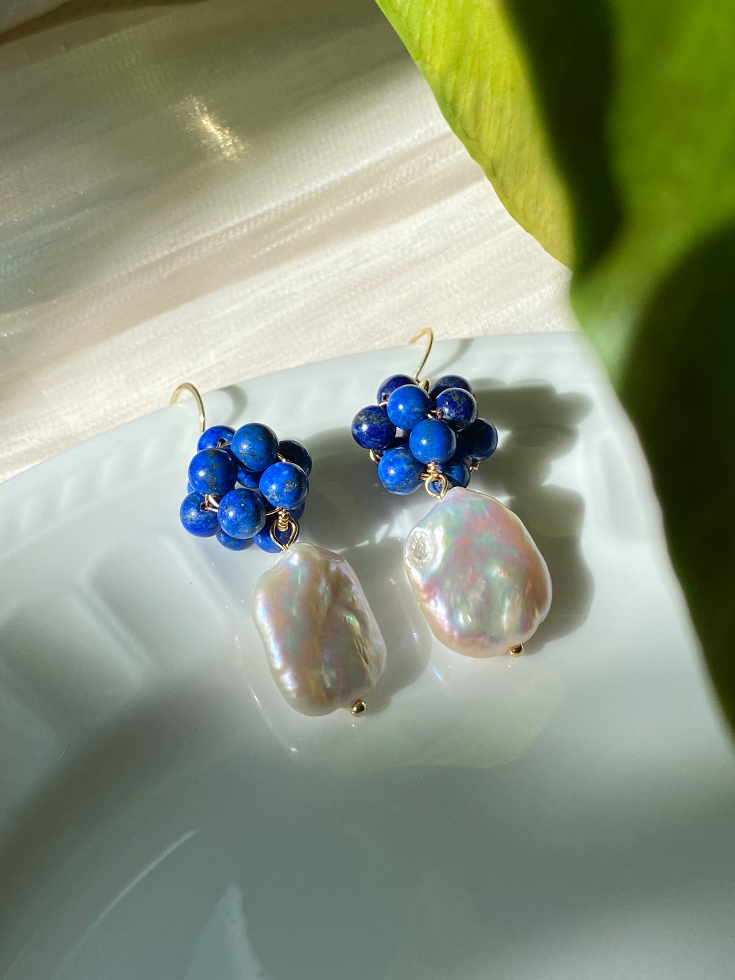 Blooming Lapis Lazuli Sphere & Pearl Earrings - Unique Design for Love Expression