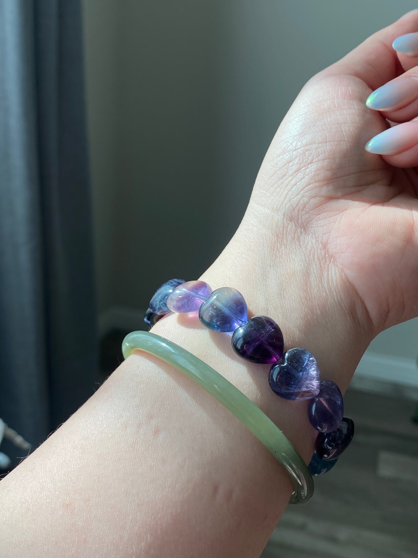 Heart shape cuty green purple fluorite gradient Handmade beads bracelet-Spiritual Healing and Self-Exploration