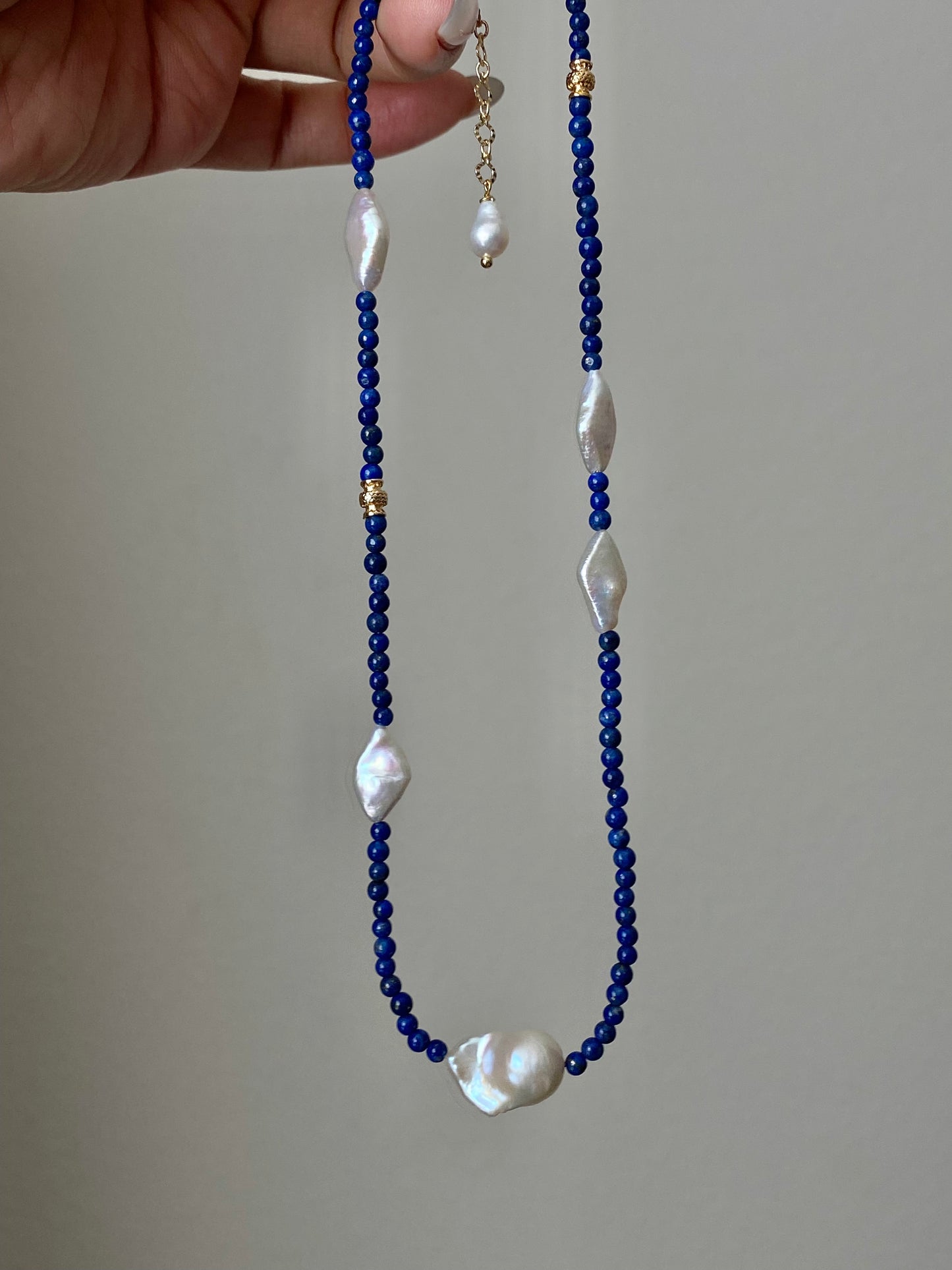 Lapis Lazuli and Diamond-Shaped Baroque Pearl Necklace  | Fireball Baroque Pearl | Handmade Gift | Gift for Mom | Chocker Necklace