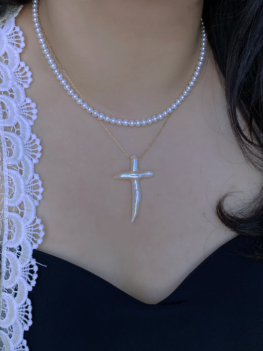 Freshwater Baroque Pear Necklace l Dainty Cross Necklace l Minimalist Necklace l Religious Pendant Necklace  l Symbolizing Faith and Hope