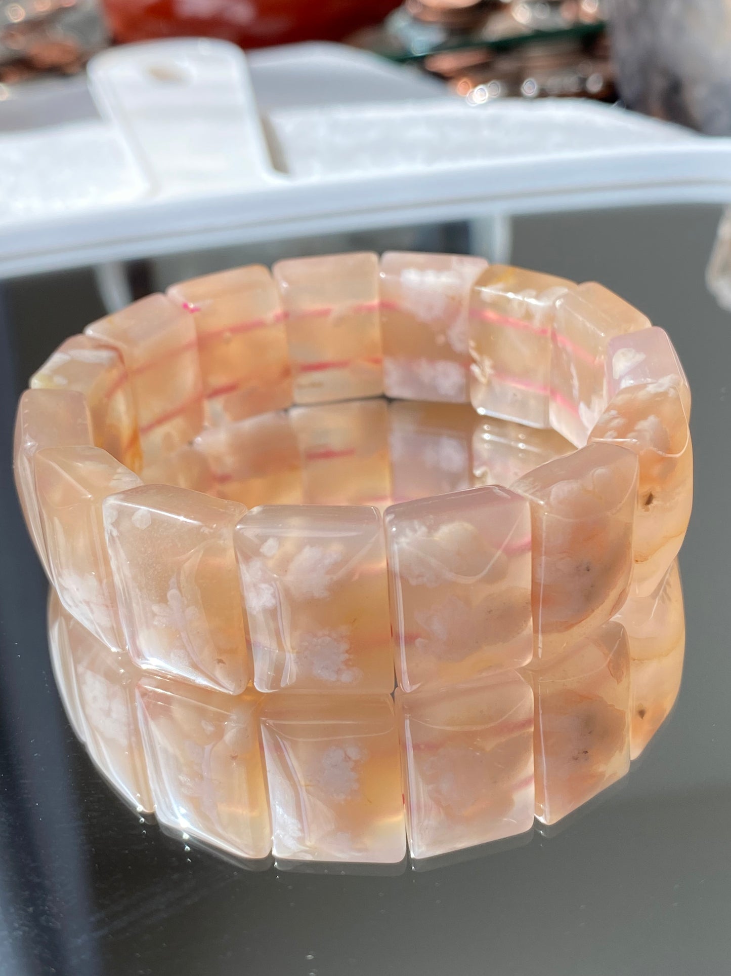 AAAA Clear colorful  Grade Nature Sakura Agate cherry blossom flower agate Rectangle bangle bracelet,gift for her