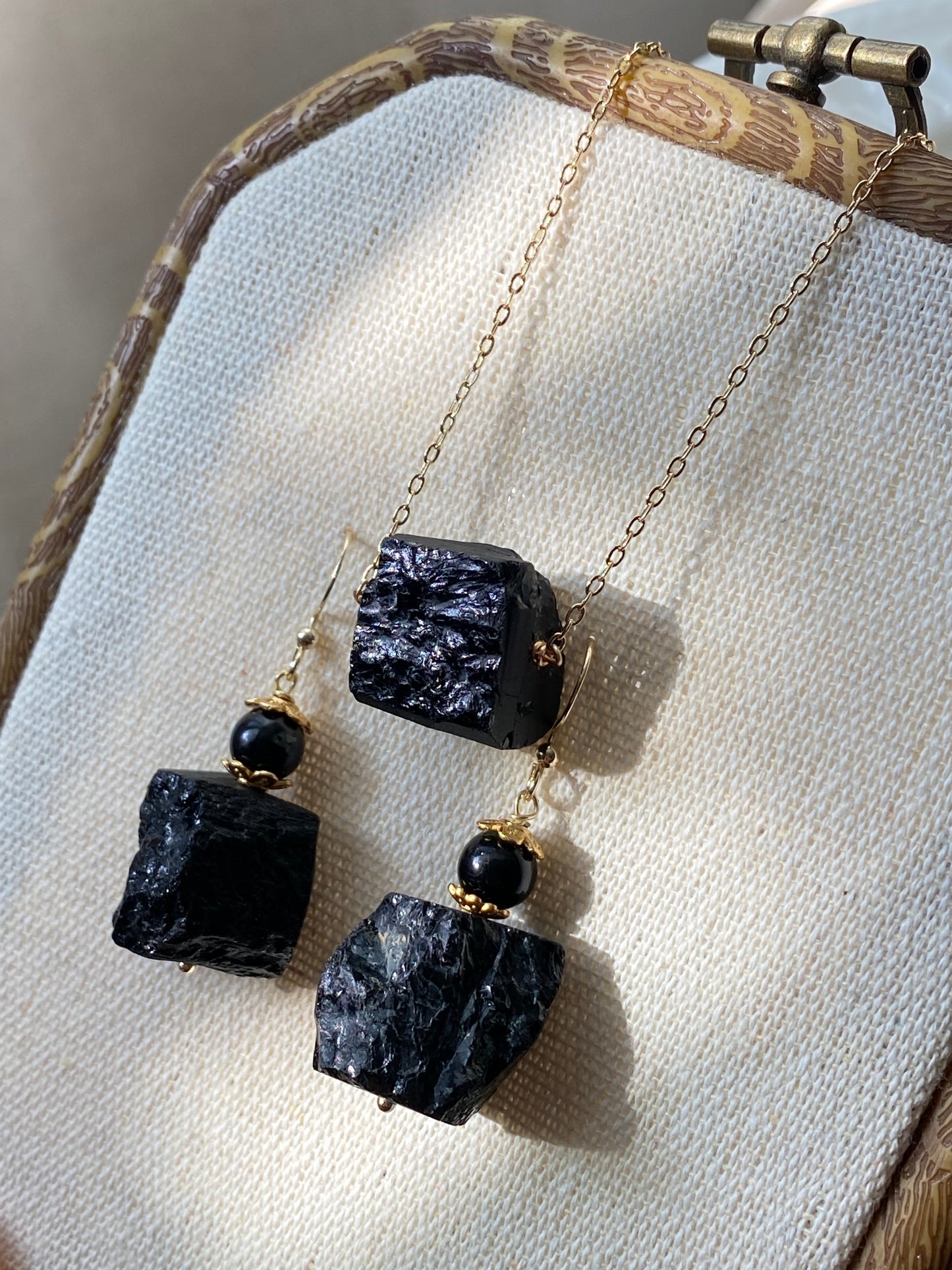 Raw Black Tourmaline Necklace and Earring Set - Protective Energy Healing Crystal Jewelry