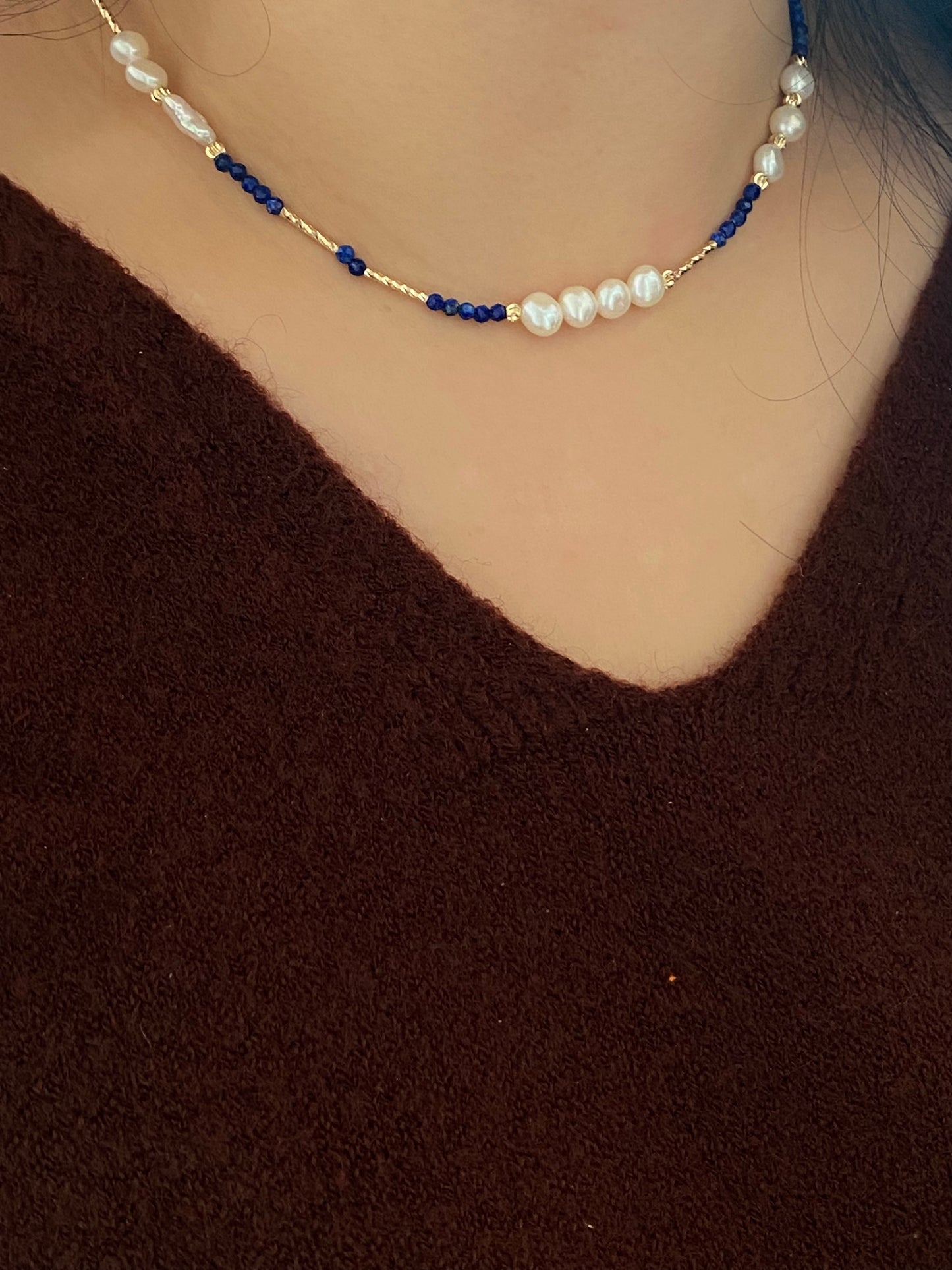 Handmade gift natural lapis lazuli with freshwater pearl chocker necklace,gift for her,gift for him