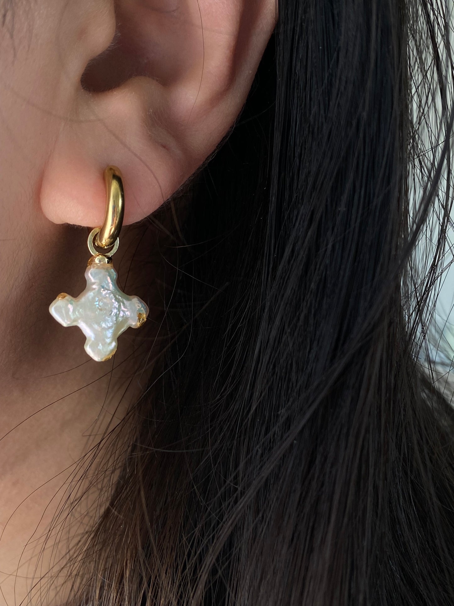Dainty Petal Cross Pearl Earrings 3 in 1 | Baroque Pearl Pendant | Zircon Stud or Gold Hoop | Bridesmaid Gift for Her love gift