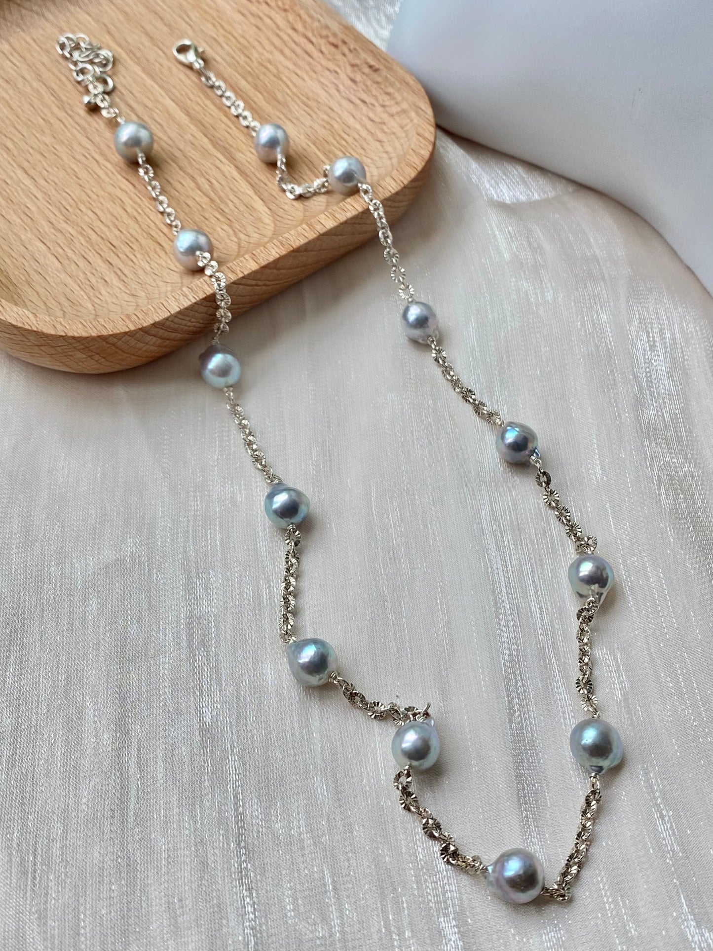 high end Blue Gray Janpanese Akoya with shinning sterling silver chain necklace,gift for her,anniversary gift