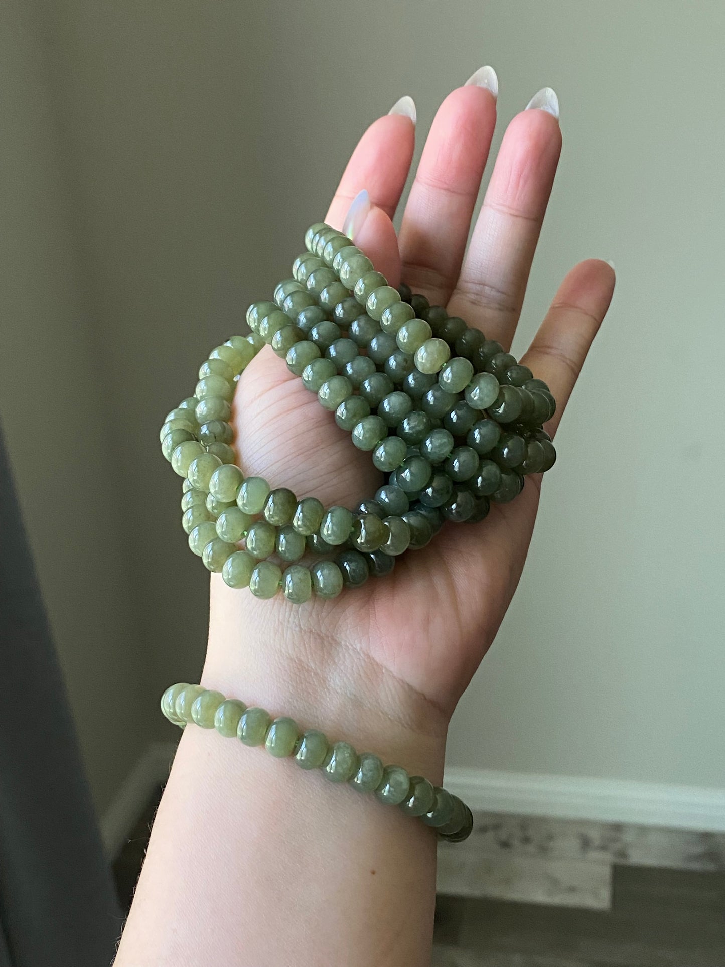 High Grade Nephrite Hetian Jade Biyu ,Abacus Bead Donut Ring Shape Green Bracelet  Emotional Healing and Self-Acceptance 8MM