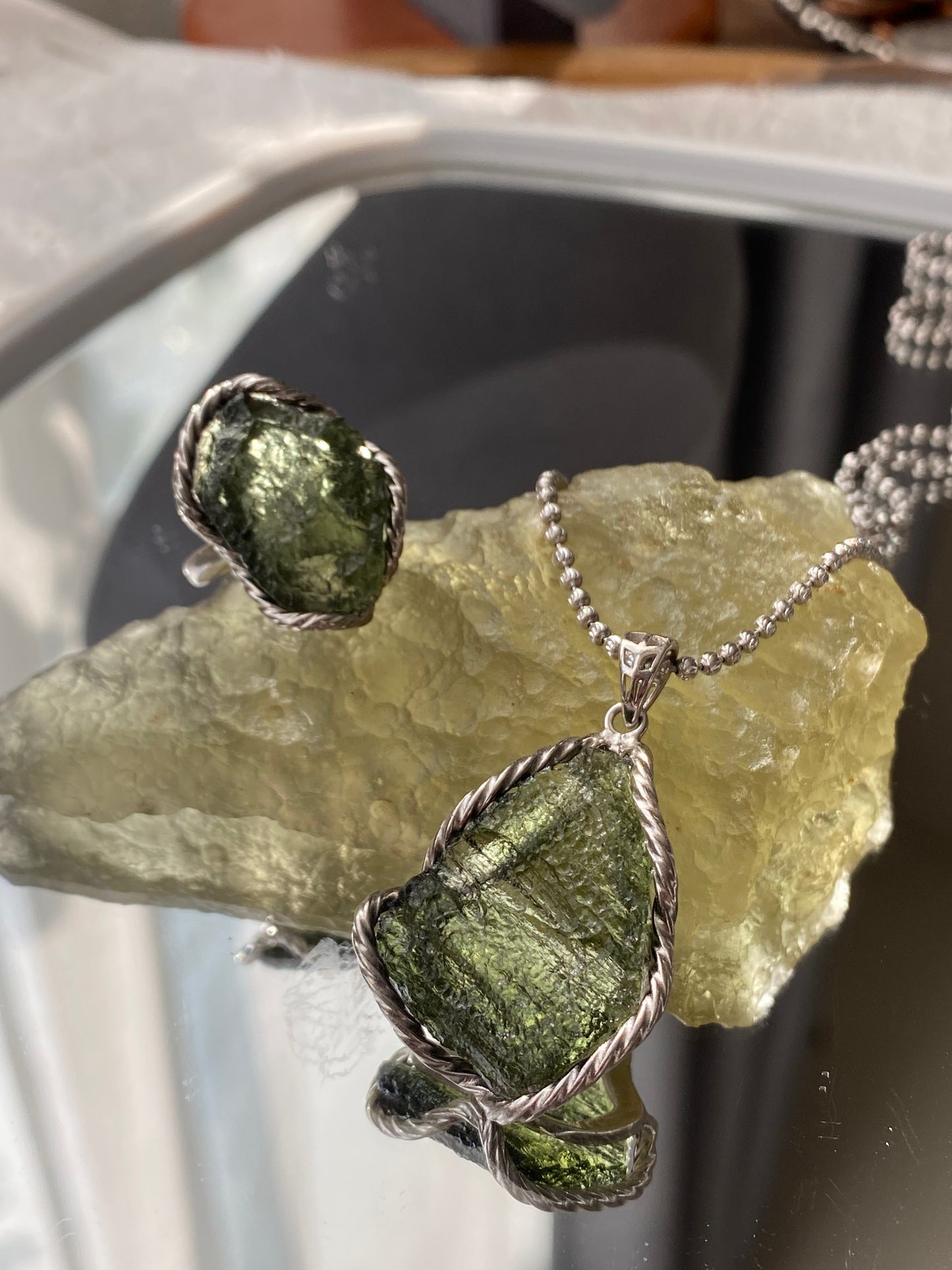 Handcrafted Sterling Silver Moldavite Ring and Necklace Pendant Genuine Moldavite Raw Crystal Pendant