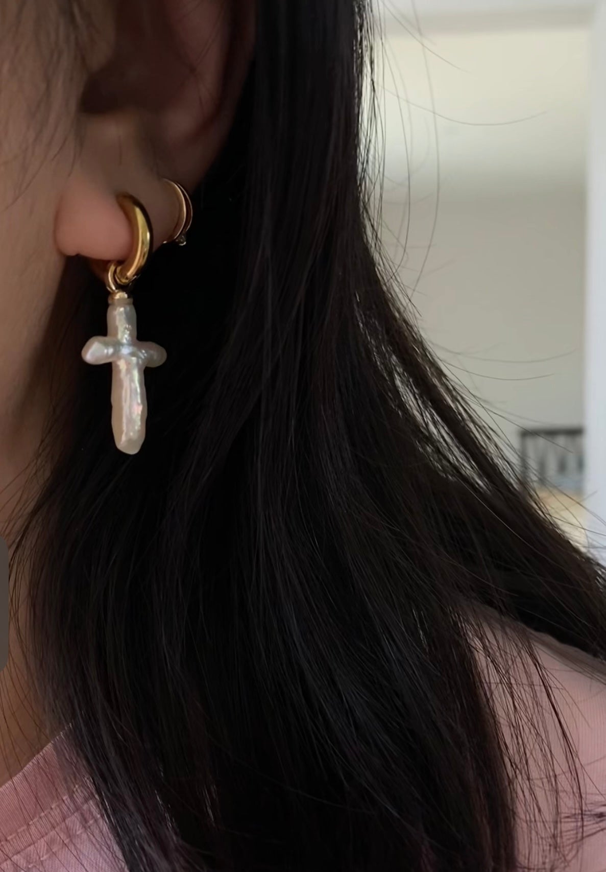 cross pearl removal earring