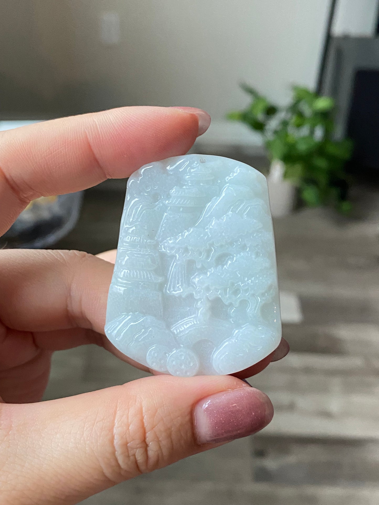 Natural Hand-Carved Burmese Jadeite Landscape Pendant | Healing White Jade Jewelry