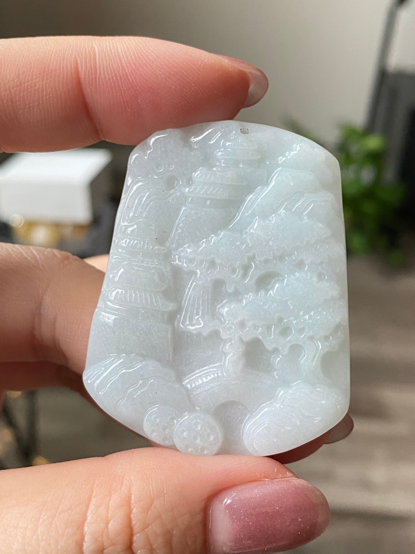 Natural Hand-Carved Burmese Jadeite Landscape Pendant | Healing White Jade Jewelry