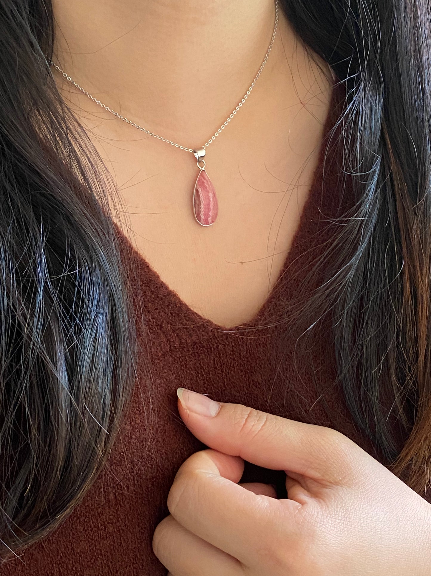 Natural Rhodochrosite handmade sterling silver setting necklace pendant-emotional healing-self-love-truth love-gift for her,gift for him