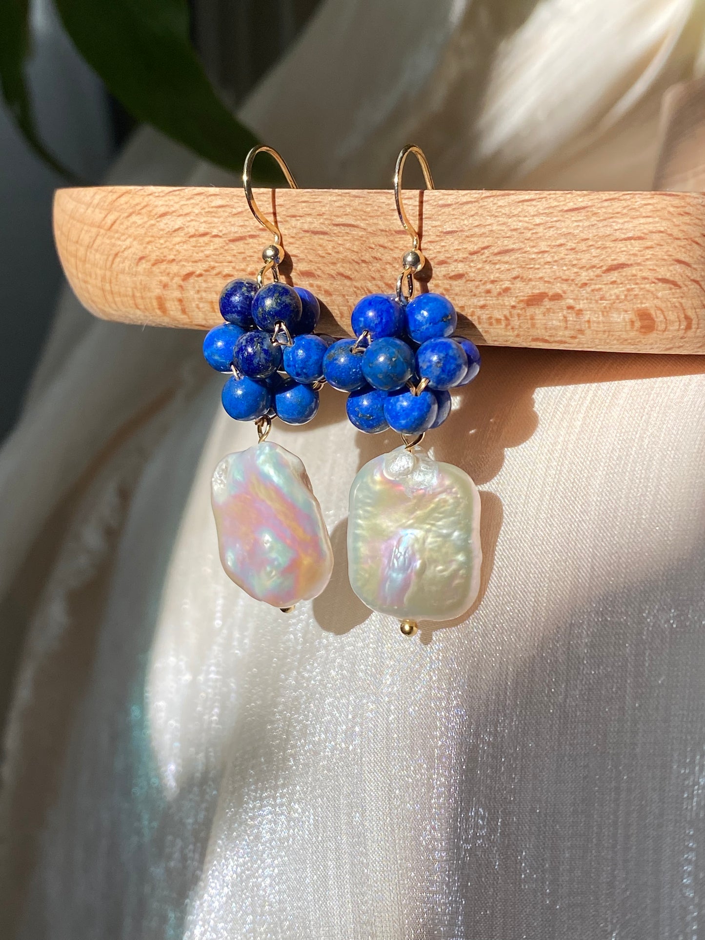 Blooming Lapis Lazuli Sphere & Pearl Earrings - Unique Design for Love Expression