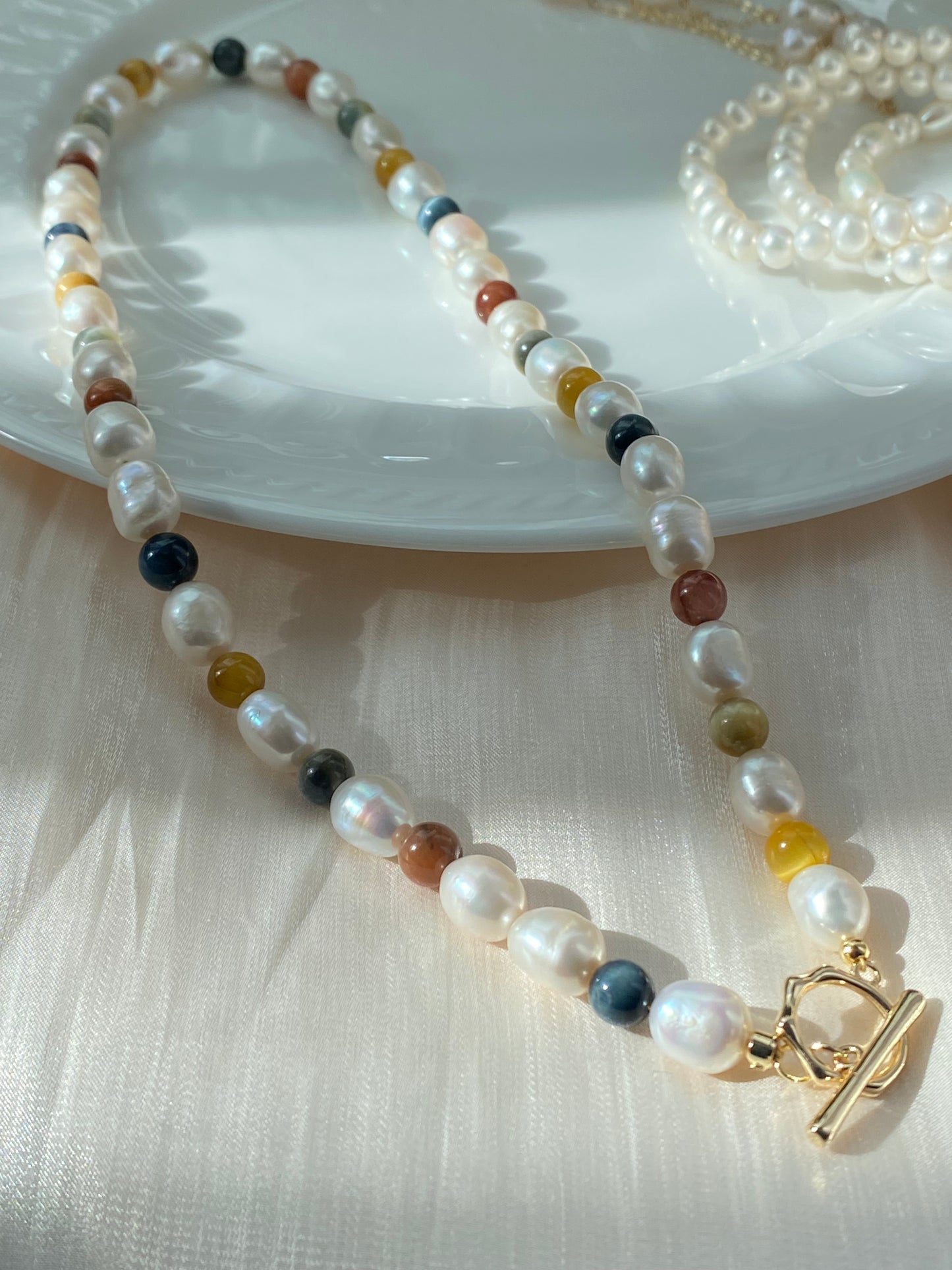 Natural freshwater pearl with rainbow tiger eyes chocker necklace,gift for her,gift for him