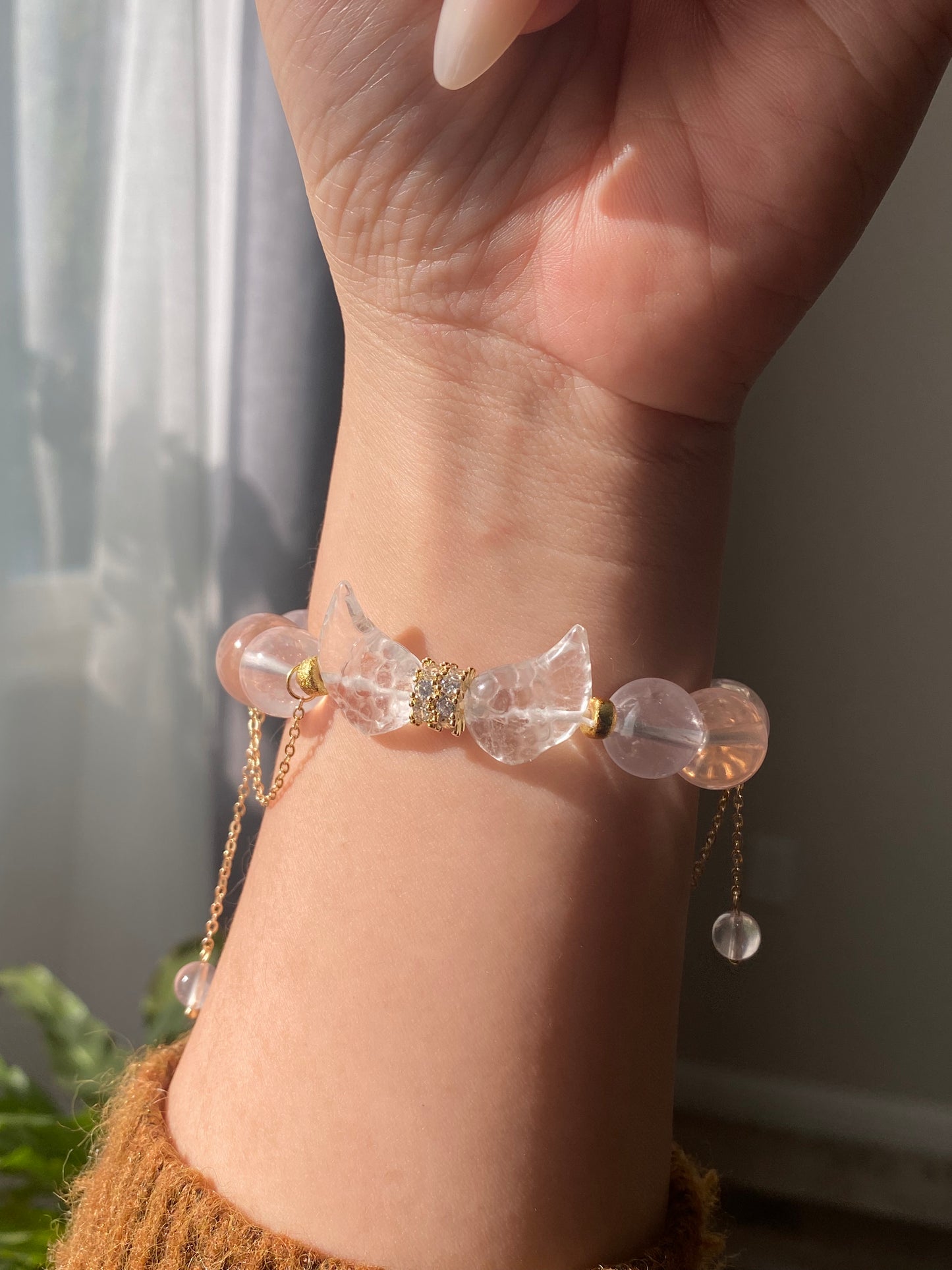 Natural star rose quartz with cube flower agate handcraft white crystal wing design dangle bracelet,gift for her