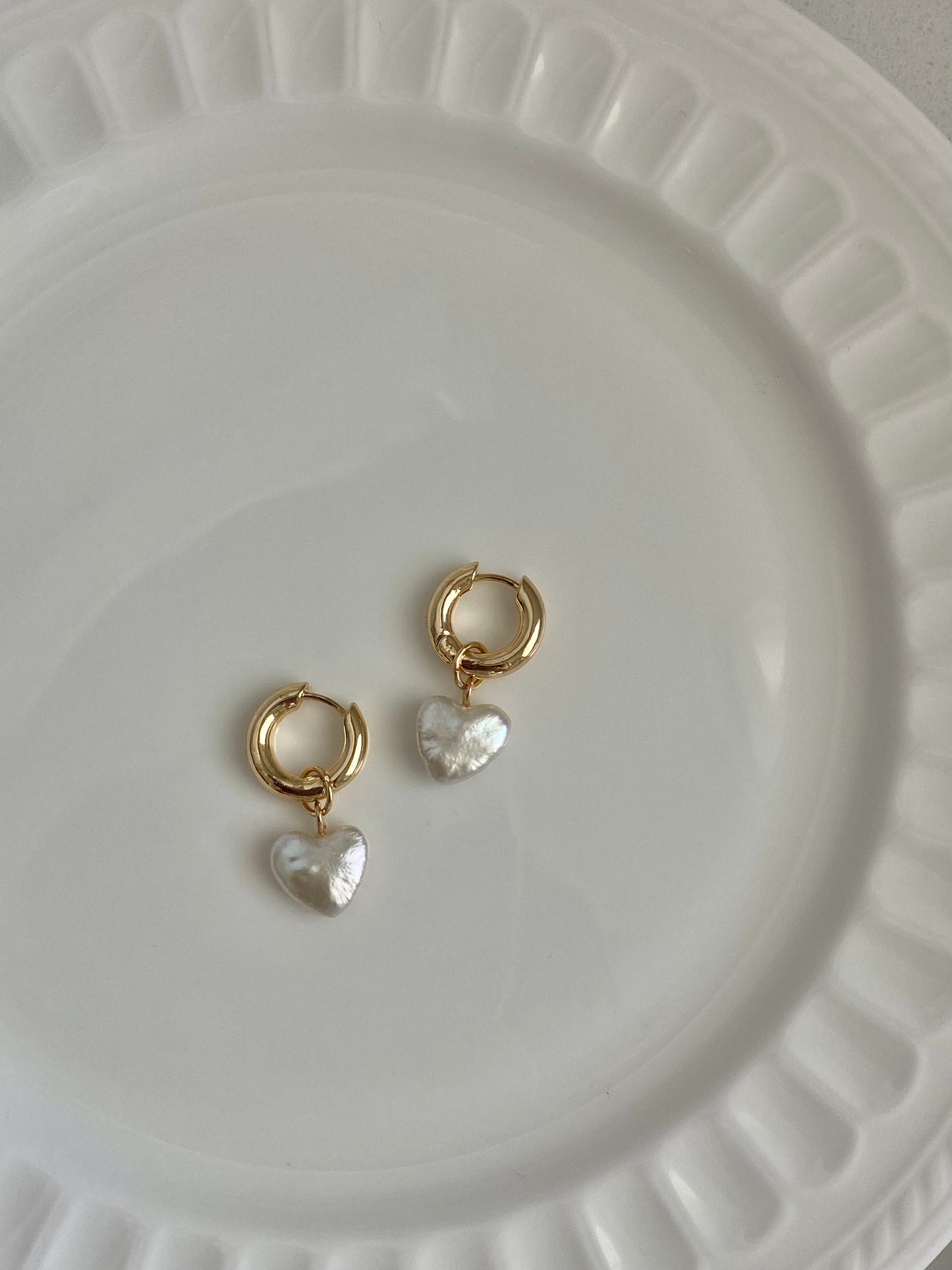 Dainty pearl Heart earrings on 14k gold studs-Pearl Heart Minimalism dangle earrings-Heart Jewelry Set-Heart necklace Bridesmaid Gift