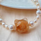 Natural handcraft flower agate kitty cat head with freshwater pearl necklace-Unique Gemstone Elegance