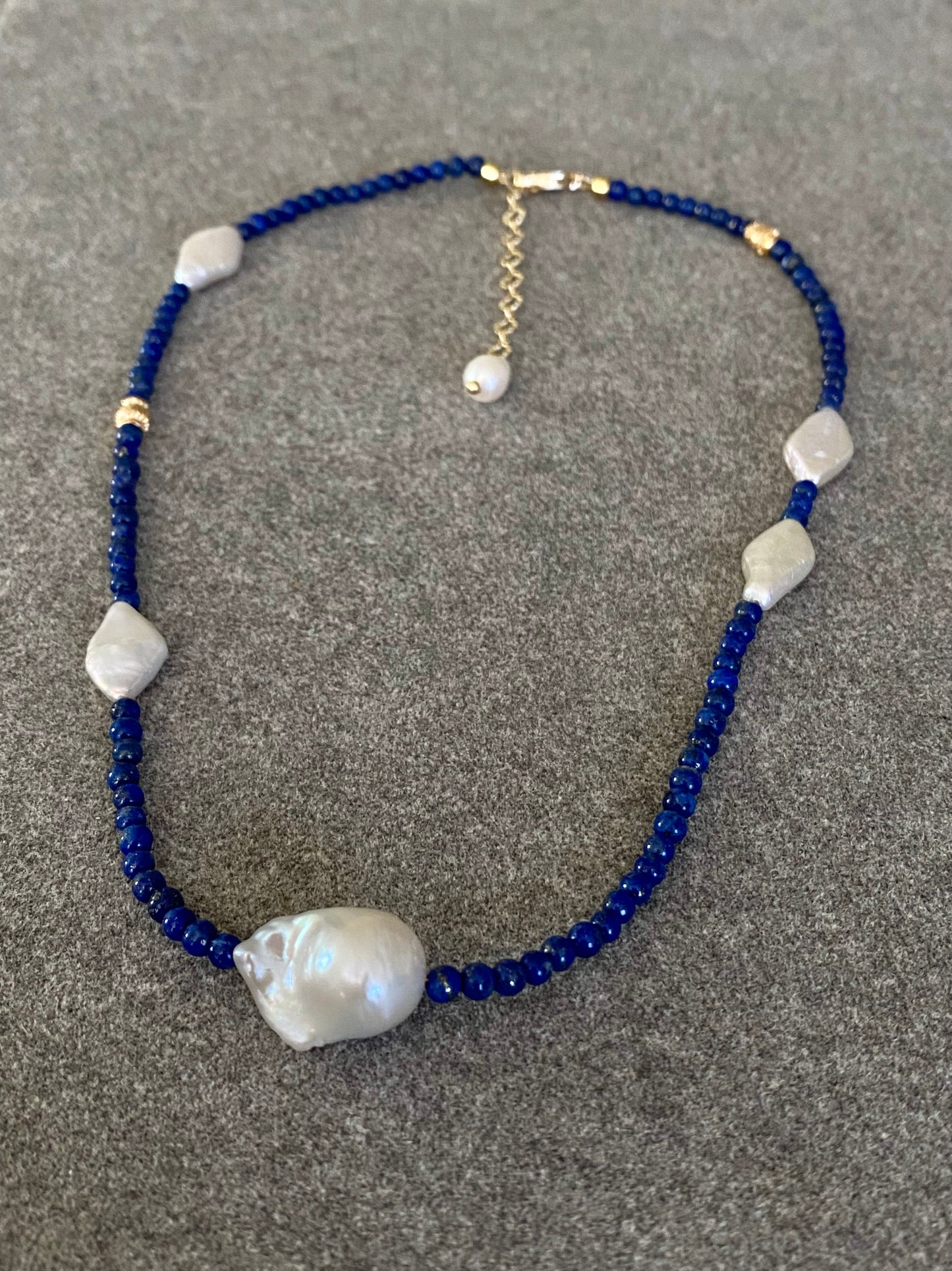 Lapis Lazuli and Diamond-Shaped Baroque Pearl Necklace  | Fireball Baroque Pearl | Handmade Gift | Gift for Mom | Chocker Necklace