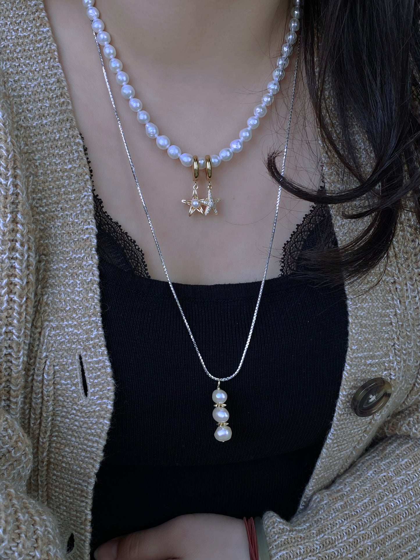 starfish shell Akoya earrings, mismatched earrings, zircon earrings, asymmetrical earrings,  pearl pendant, elegant Dainty gift for her