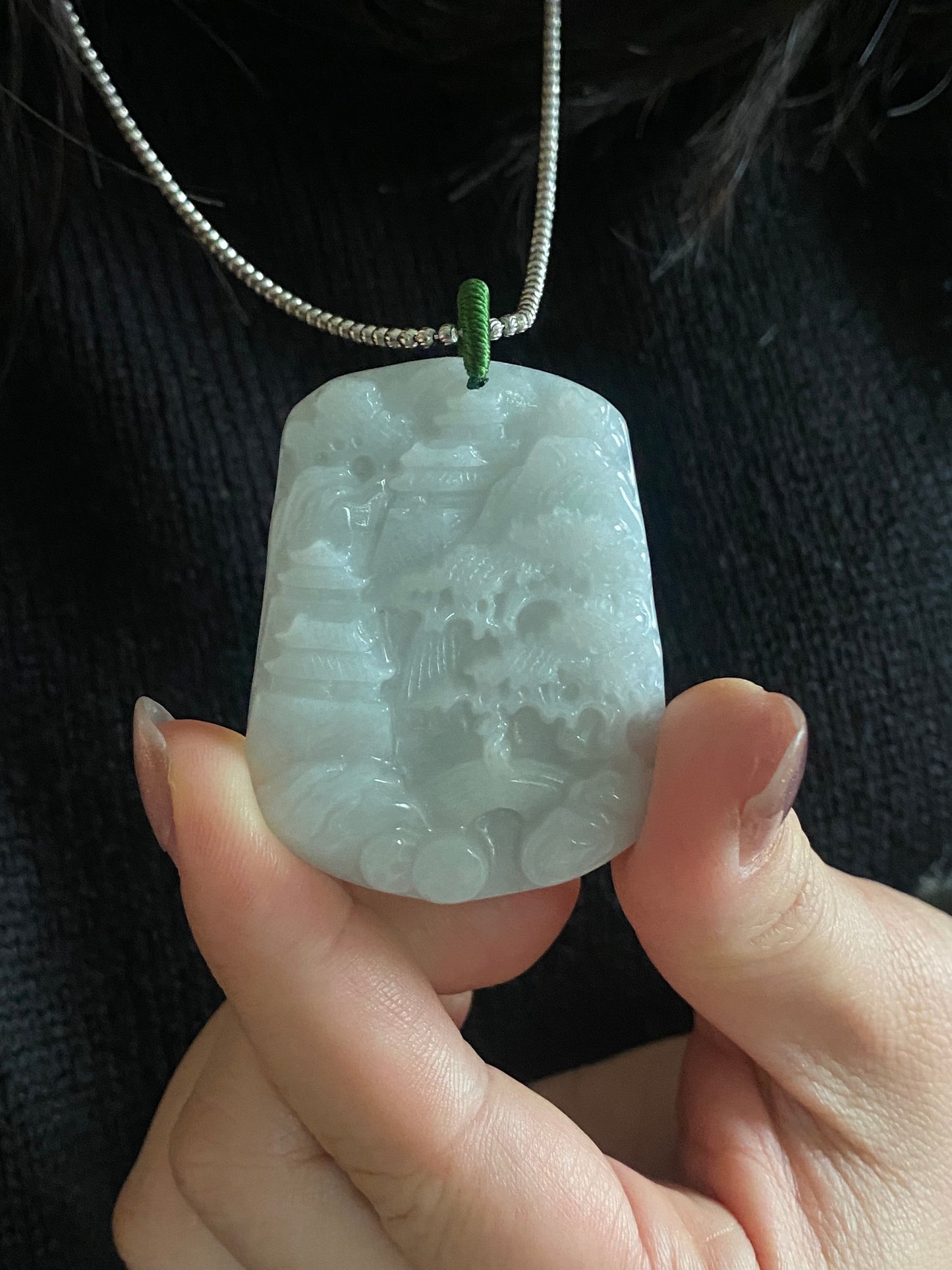 Natural Hand-Carved Burmese Jadeite Landscape Pendant | Healing White Jade Jewelry