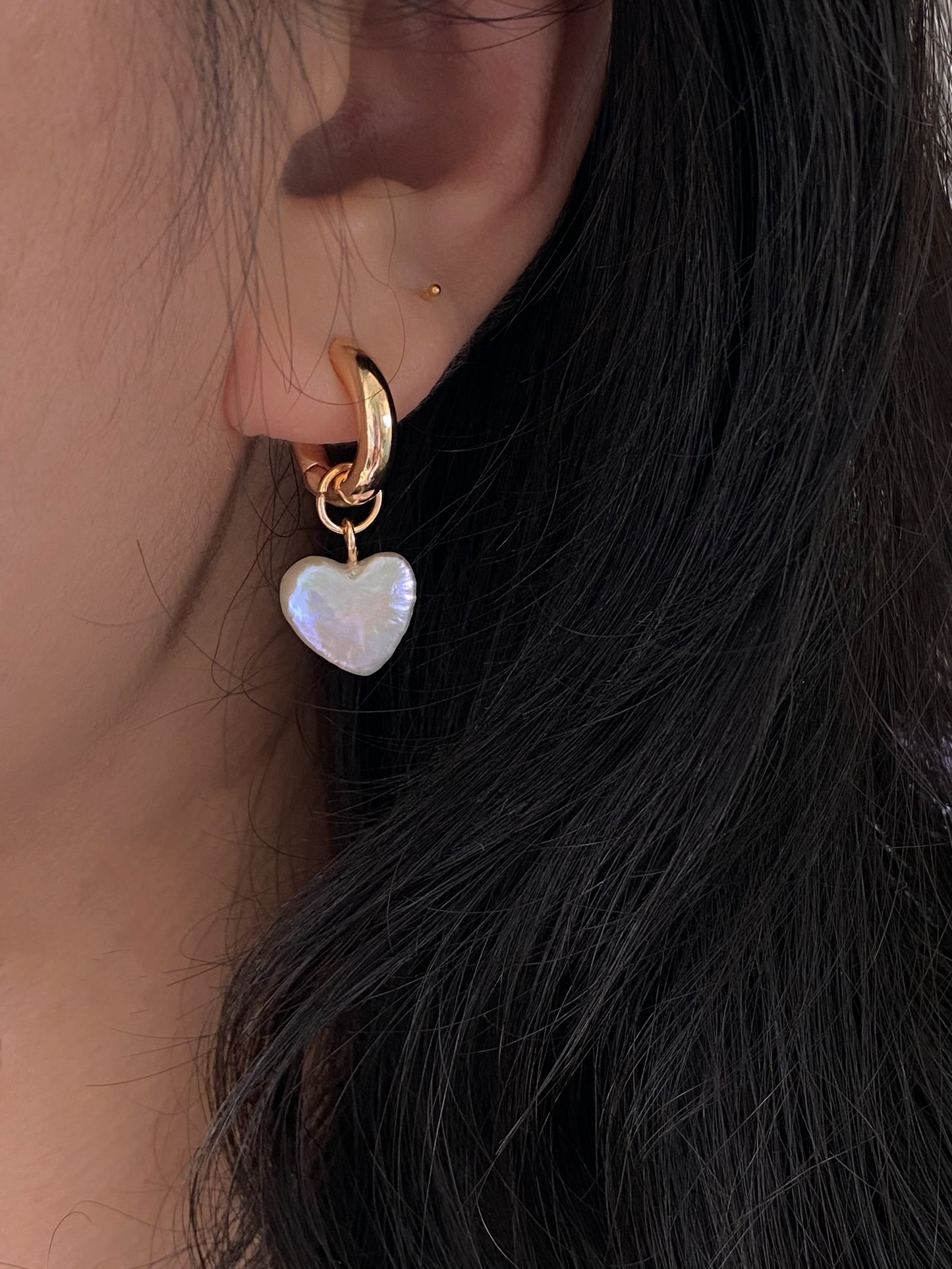 Dainty pearl Heart earrings on 14k gold studs-Pearl Heart Minimalism dangle earrings-Heart Jewelry Set-Heart necklace Bridesmaid Gift