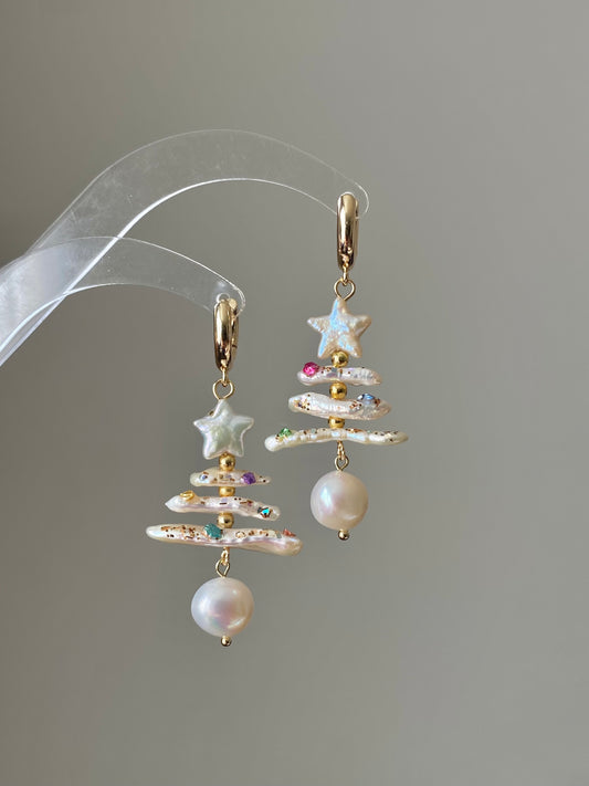 Holiday special natural freshwater baroque star pearl biwa pipa christmas tree dangle earring,gift for her,christmas gift