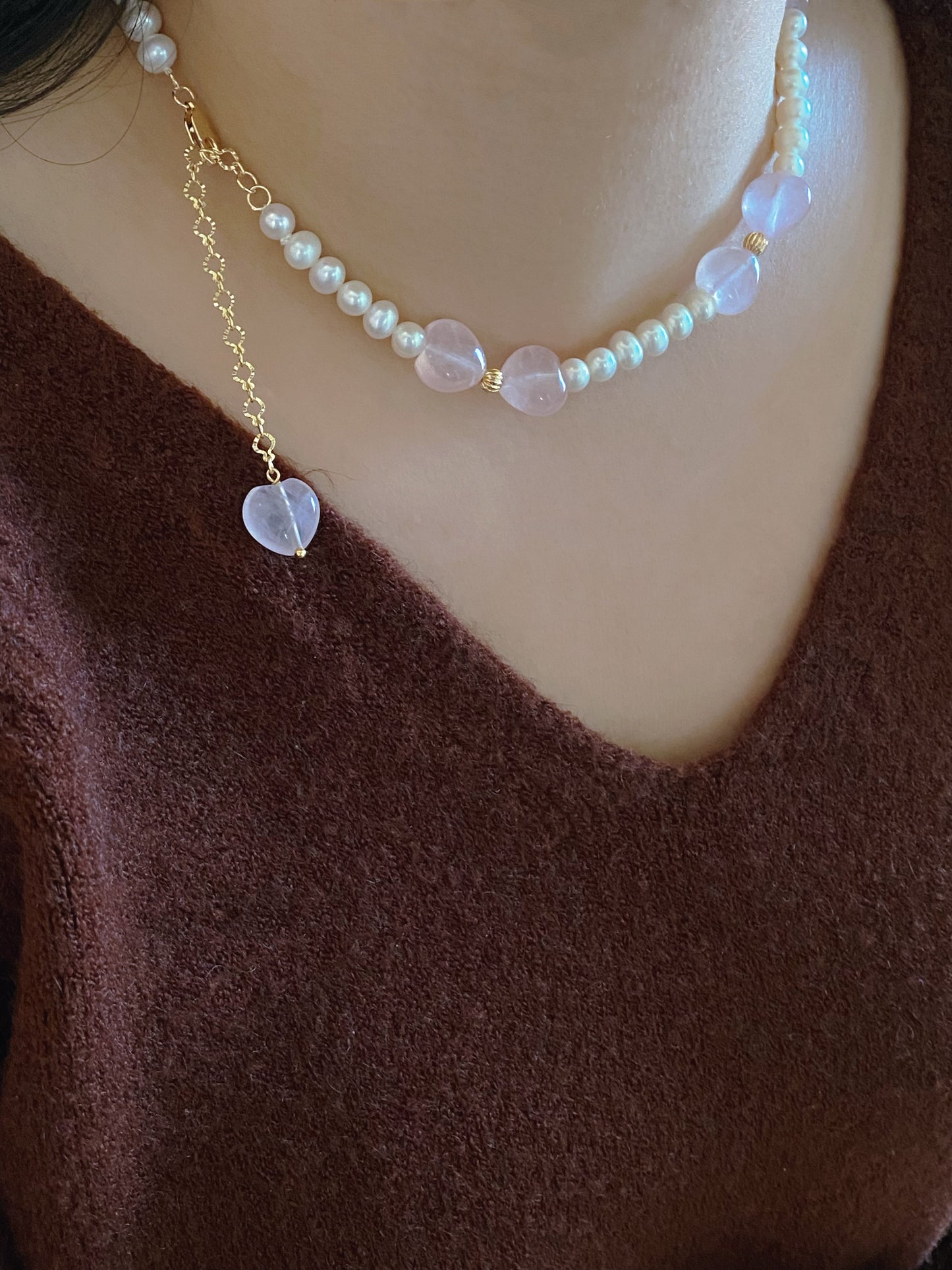 Pearl and Heart-Shaped Rose Quartz Necklace | Adorable Bow Knot Design | Versatile Love-Themed Jewelry