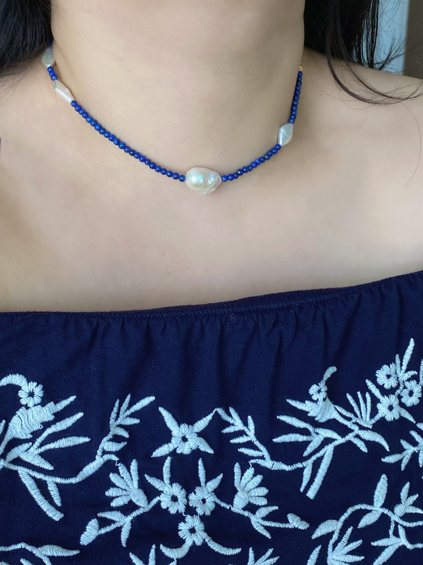 Lapis Lazuli and Diamond-Shaped Baroque Pearl Necklace  | Fireball Baroque Pearl | Handmade Gift | Gift for Mom | Chocker Necklace